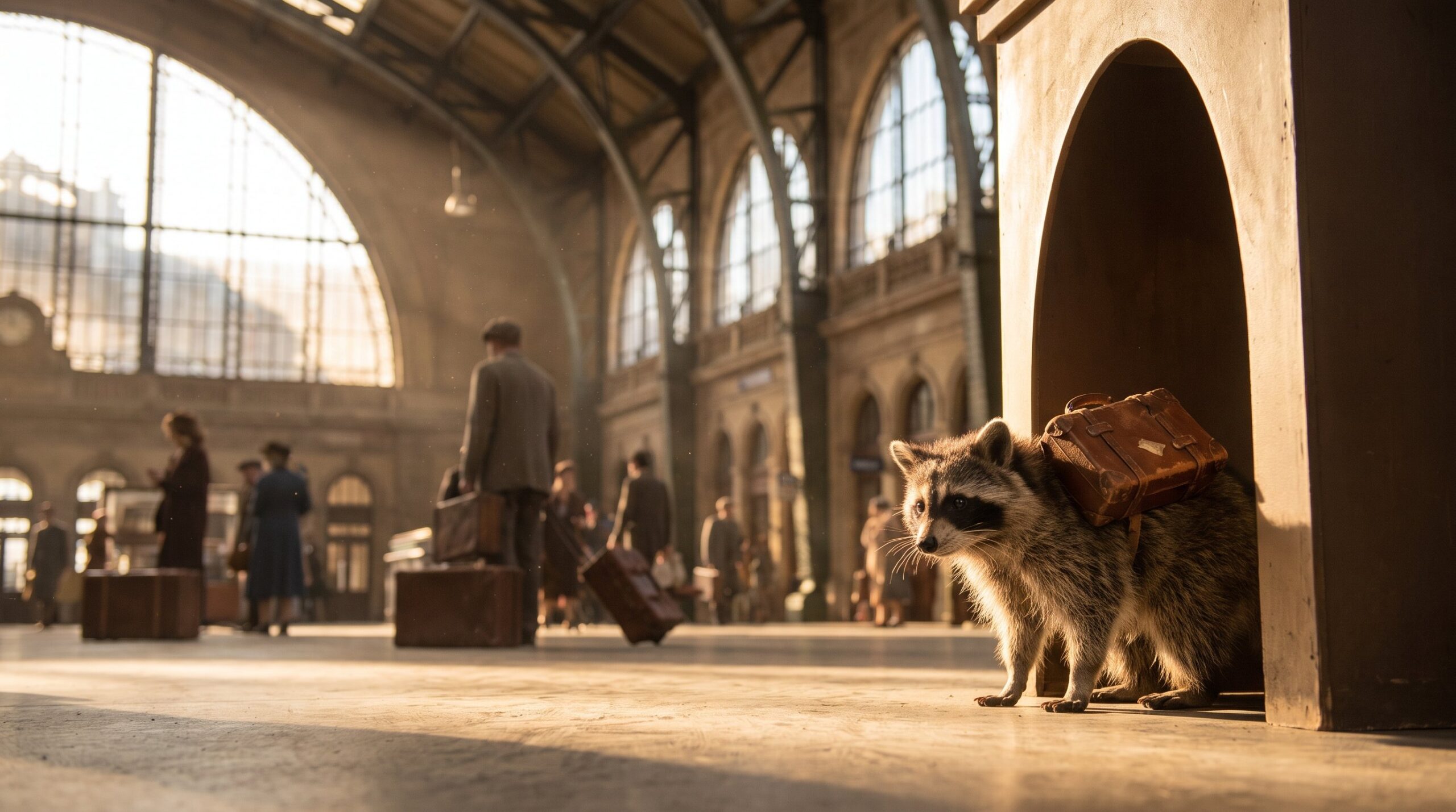 Waschbär mit einem abgewetzten Koffer kommt in einer großen Bahnhofshalle an