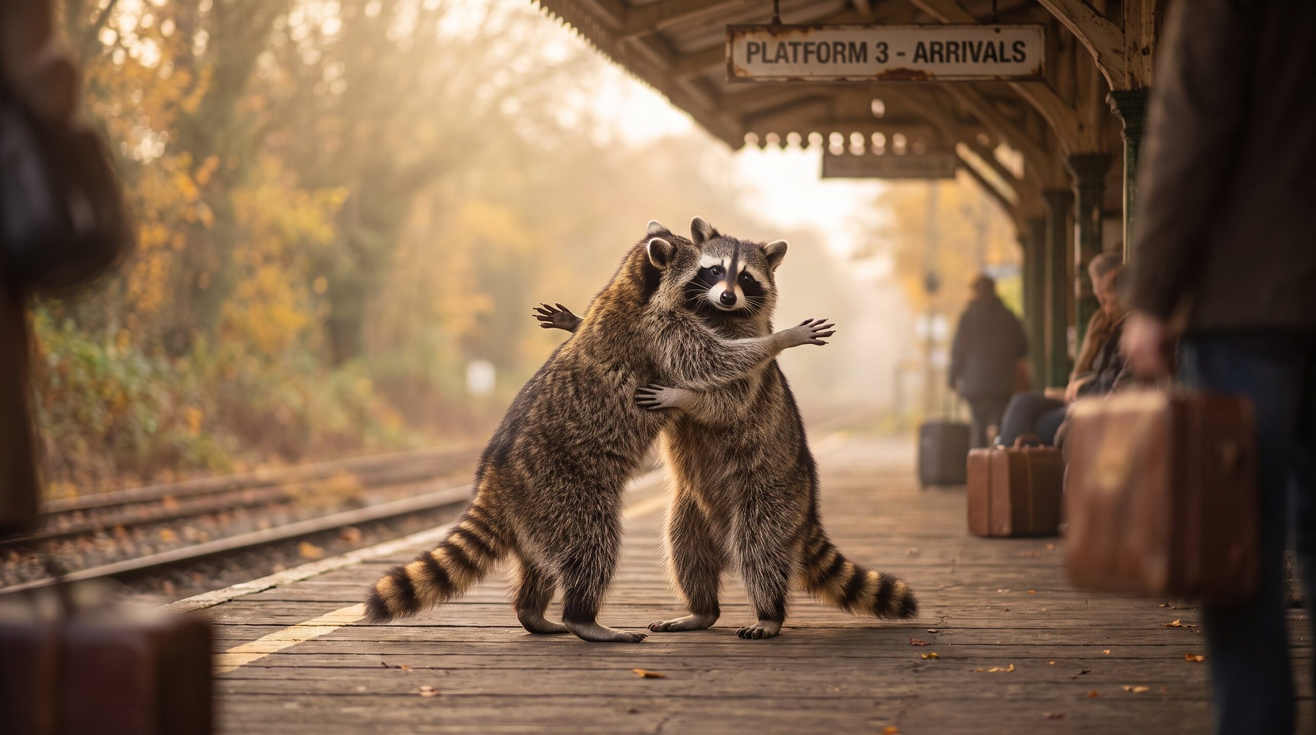 Waschbär wird am Ankunftsgleis von einem anderen herzlich begrüßt
