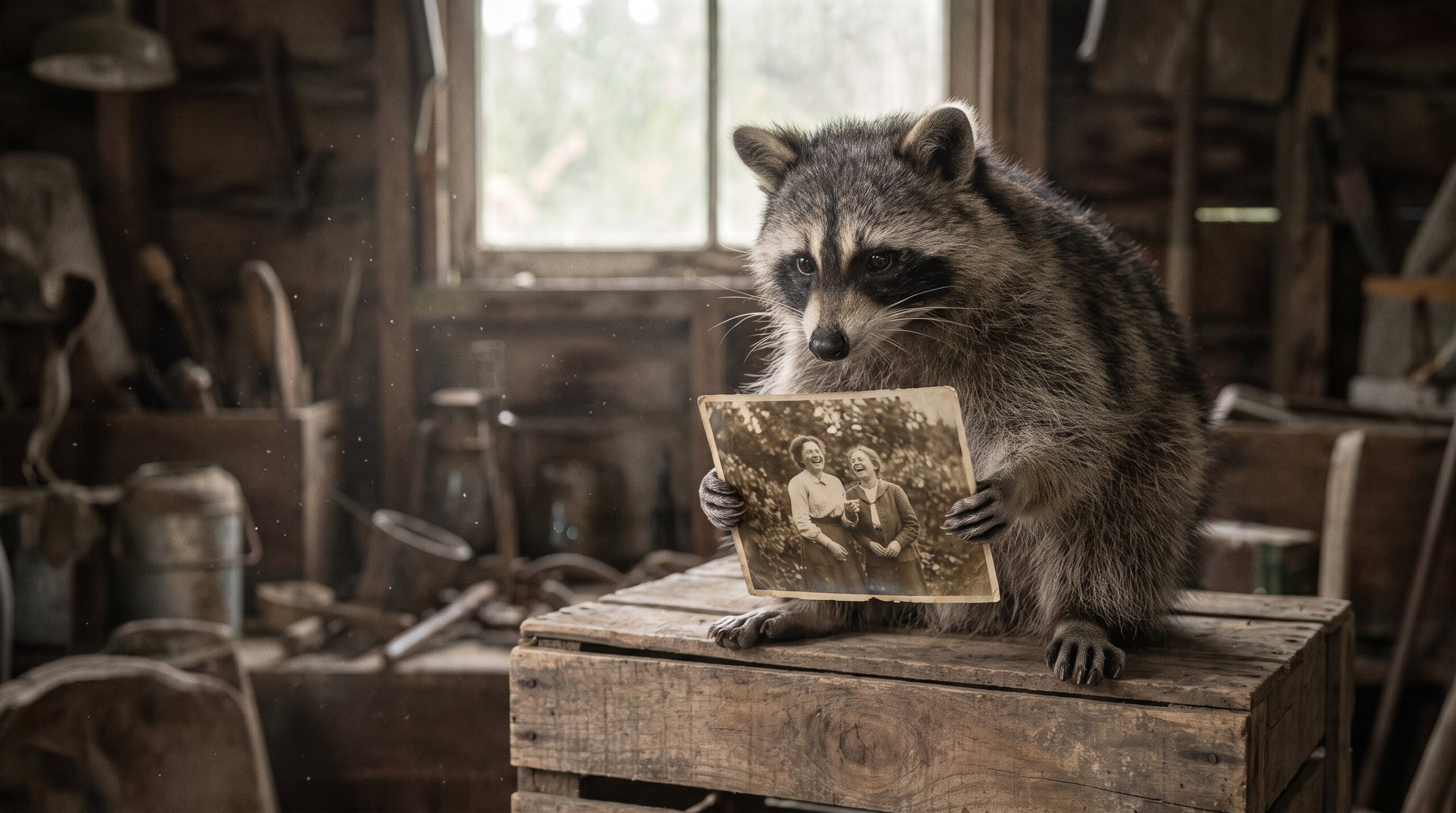 Waschbär betrachtet allein ein altes Foto zweier lachender Freunde