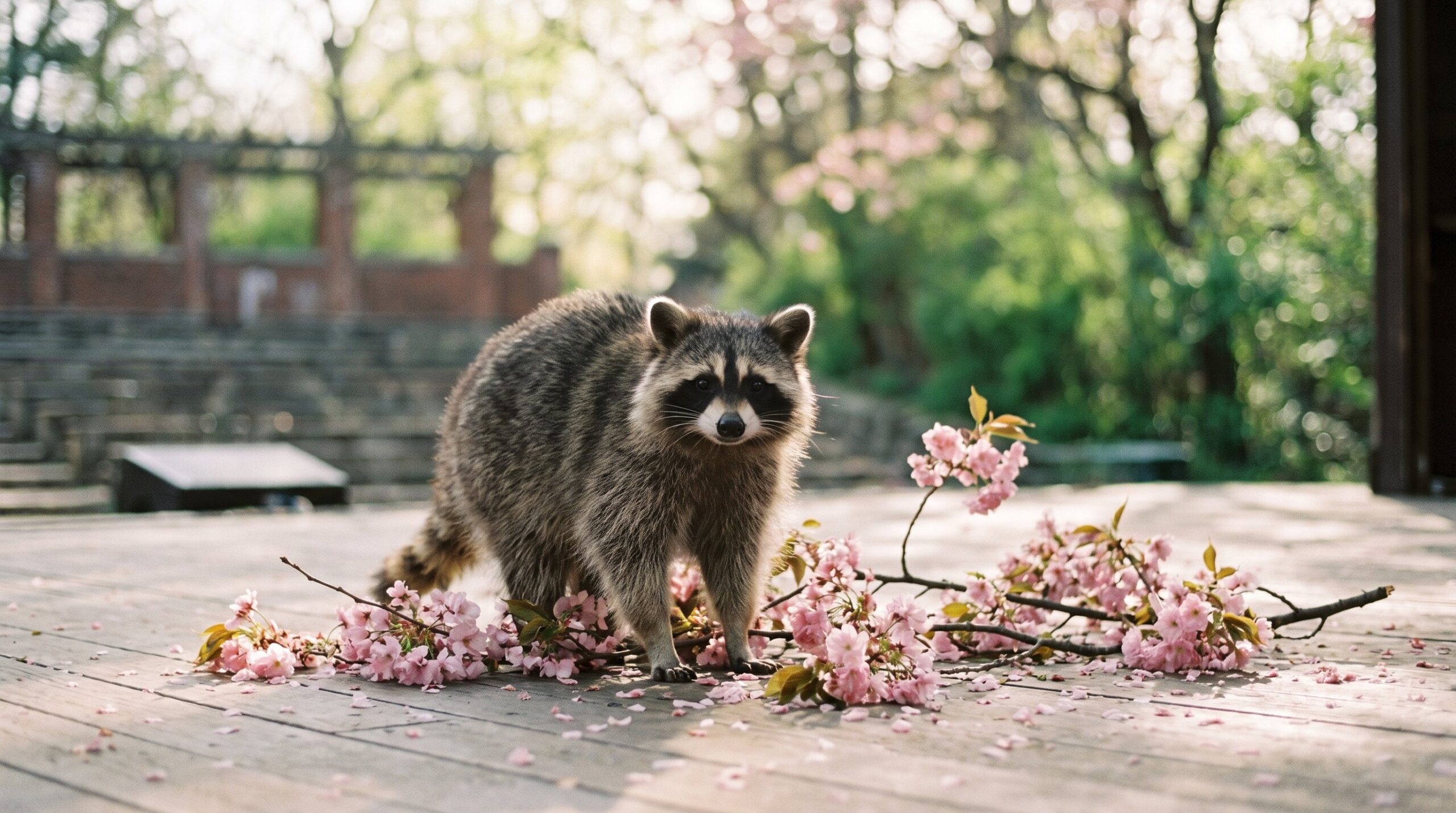 Waschbär auf einer Bühne zwischen rosa Kirschblüten im Frühlingslicht