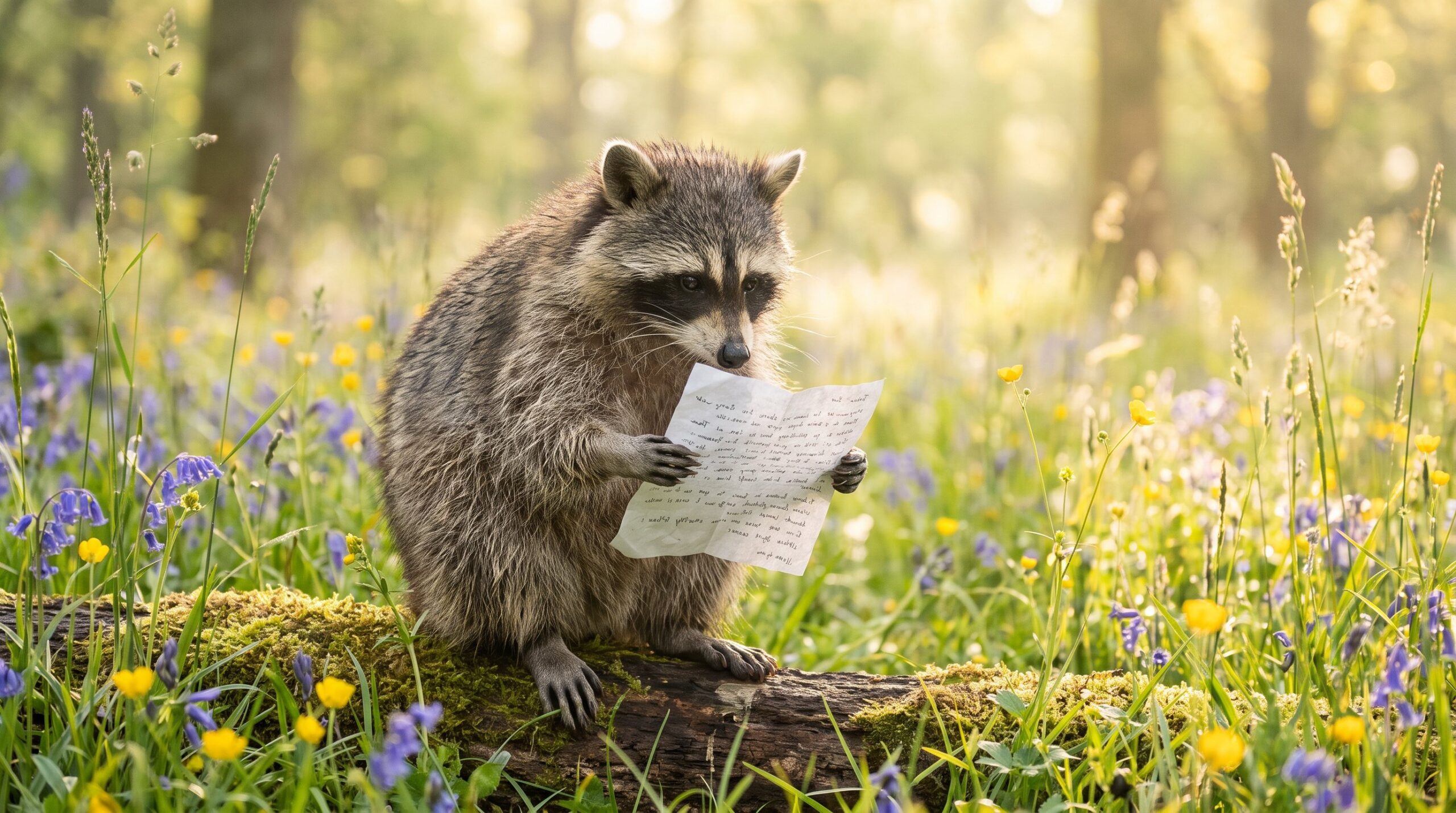 Waschbär liest auf einer blühenden Frühlingswiese ein Gedicht vor