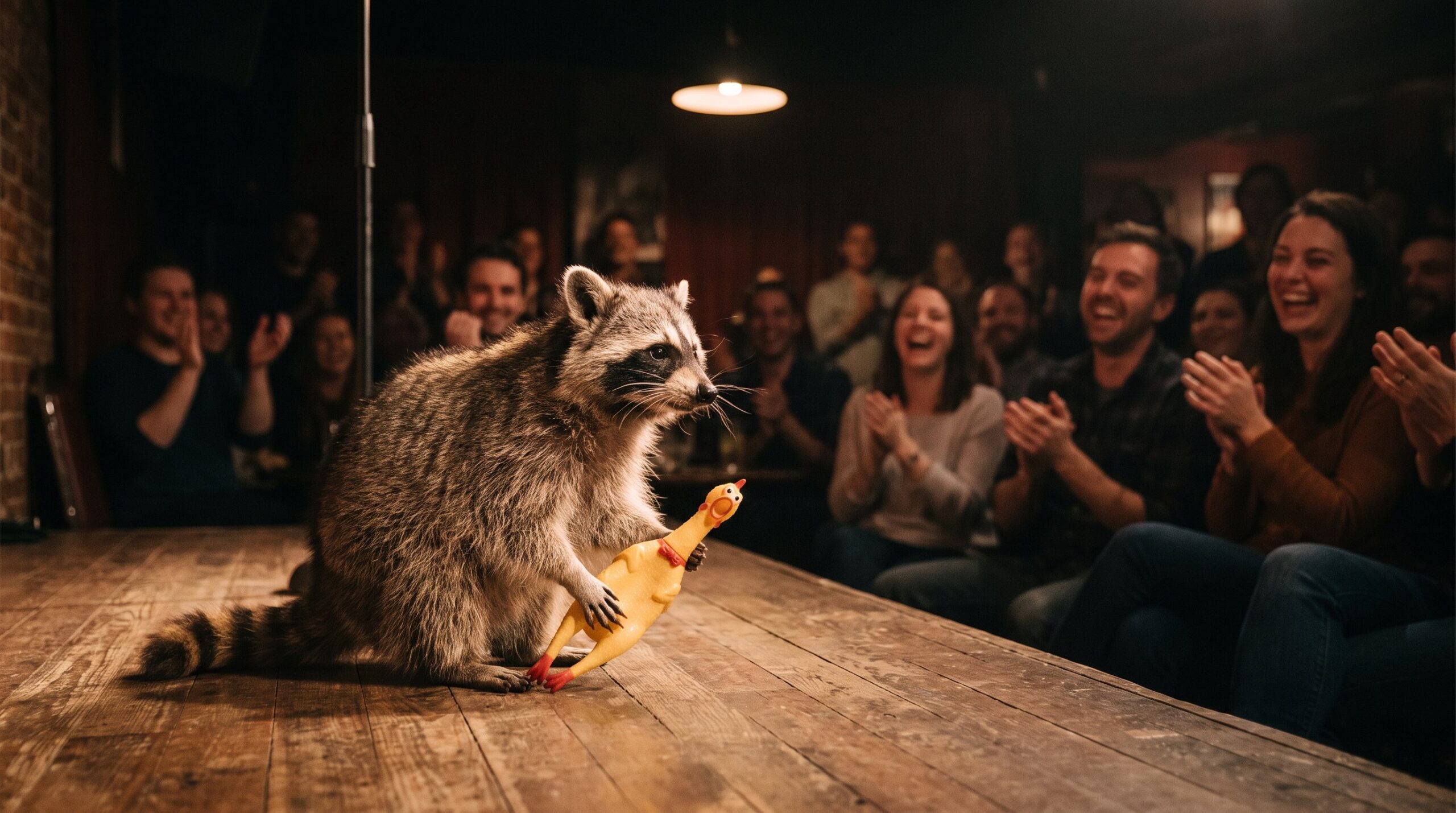 Waschbär auf einer Comedy-Bühne hält ein Gummihuhn hoch