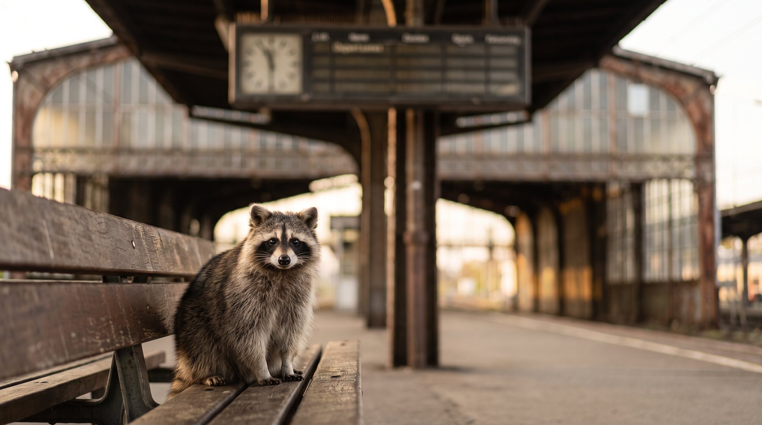 Waschbär sitzt geduldig auf einer Bank unter der Abfahrtstafel des Bahnhofs