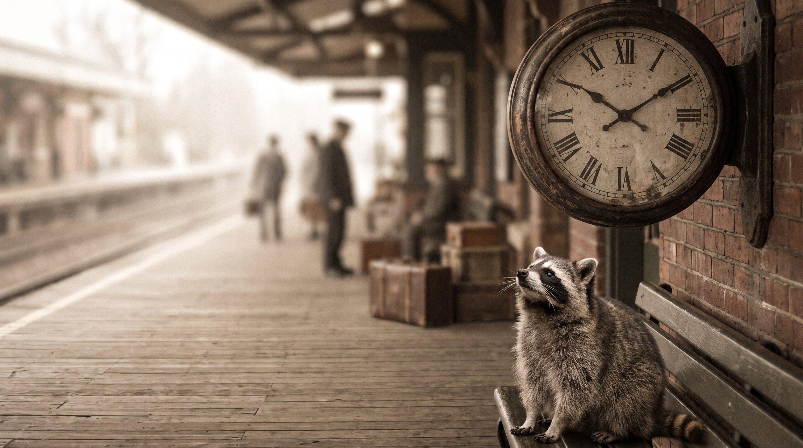 Waschbär schaut zur großen alten Bahnhofsuhr und wartet