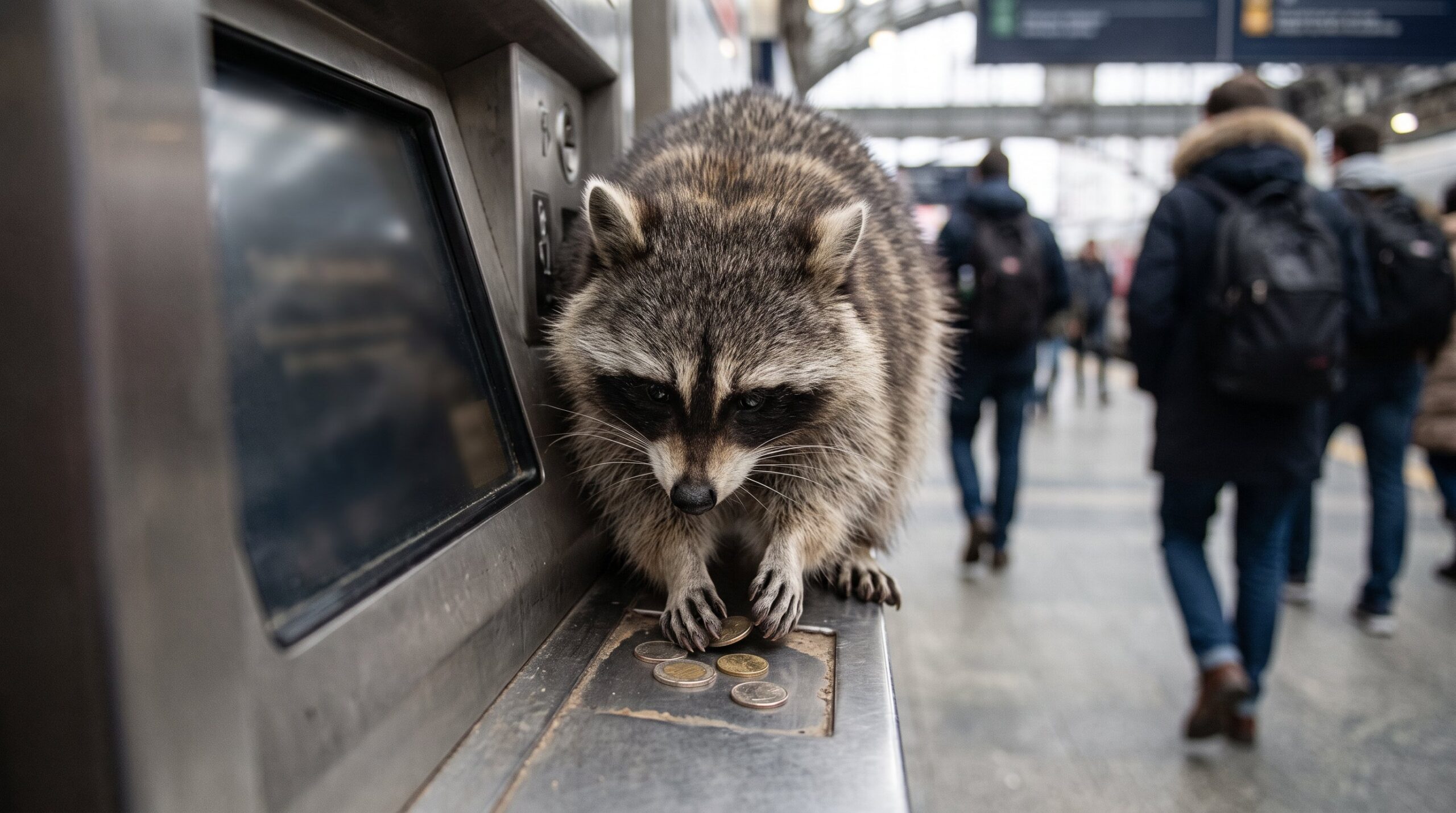 Waschbär zählt vor einem Fahrkartenautomaten ein paar Münzen