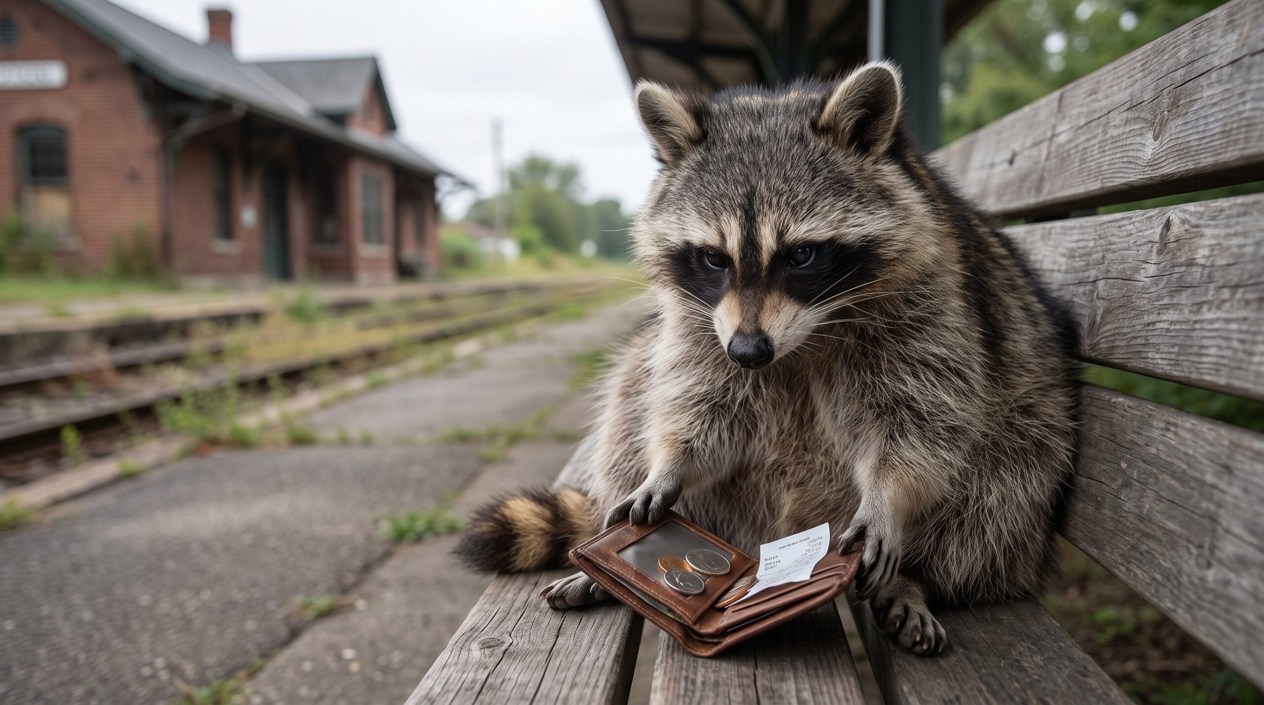 Waschbär sitzt auf einer Bank und schaut in ein fast leeres Portemonnaie