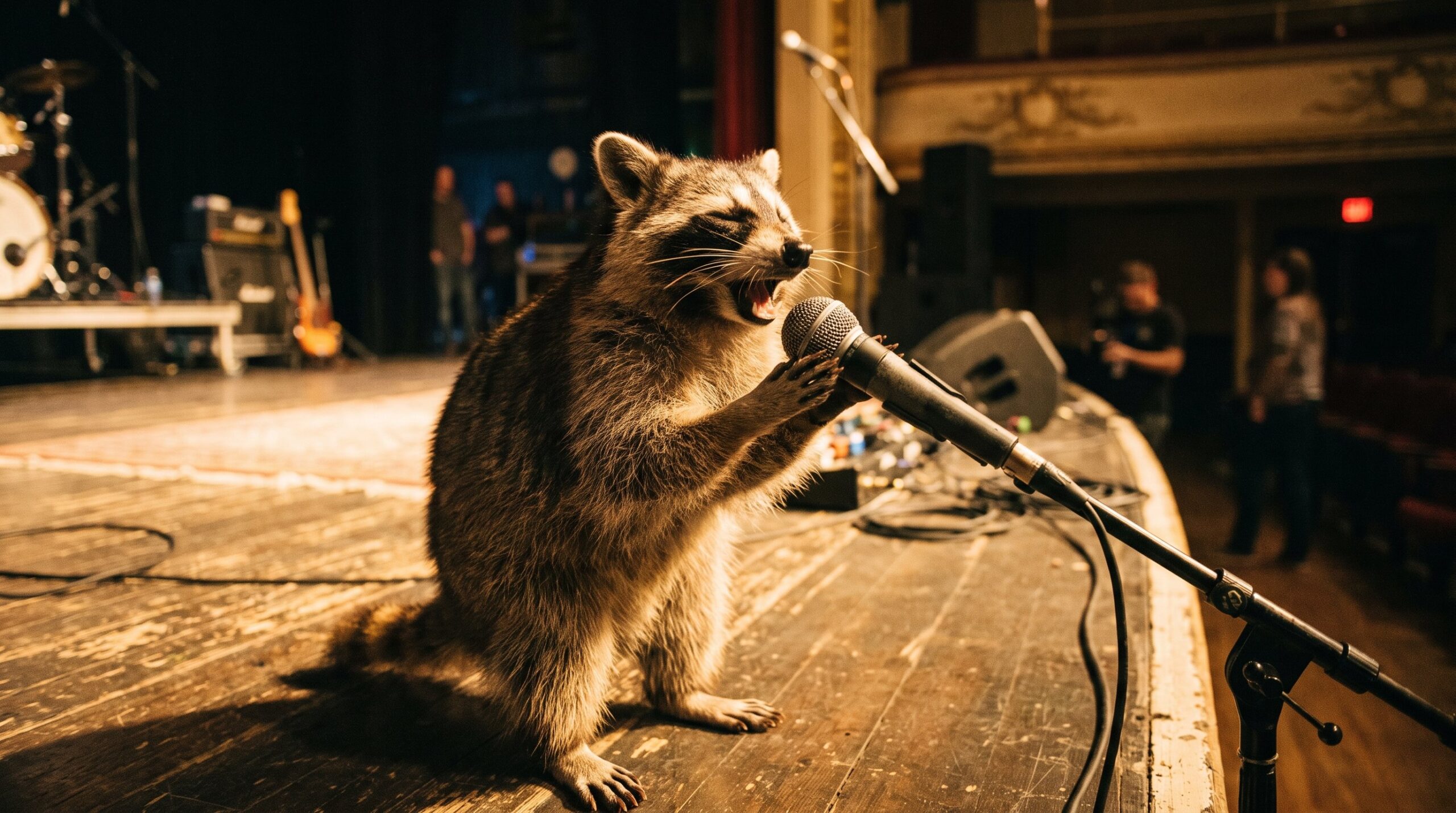 Waschbär singt mit geschlossenen Augen ins Mikrofon