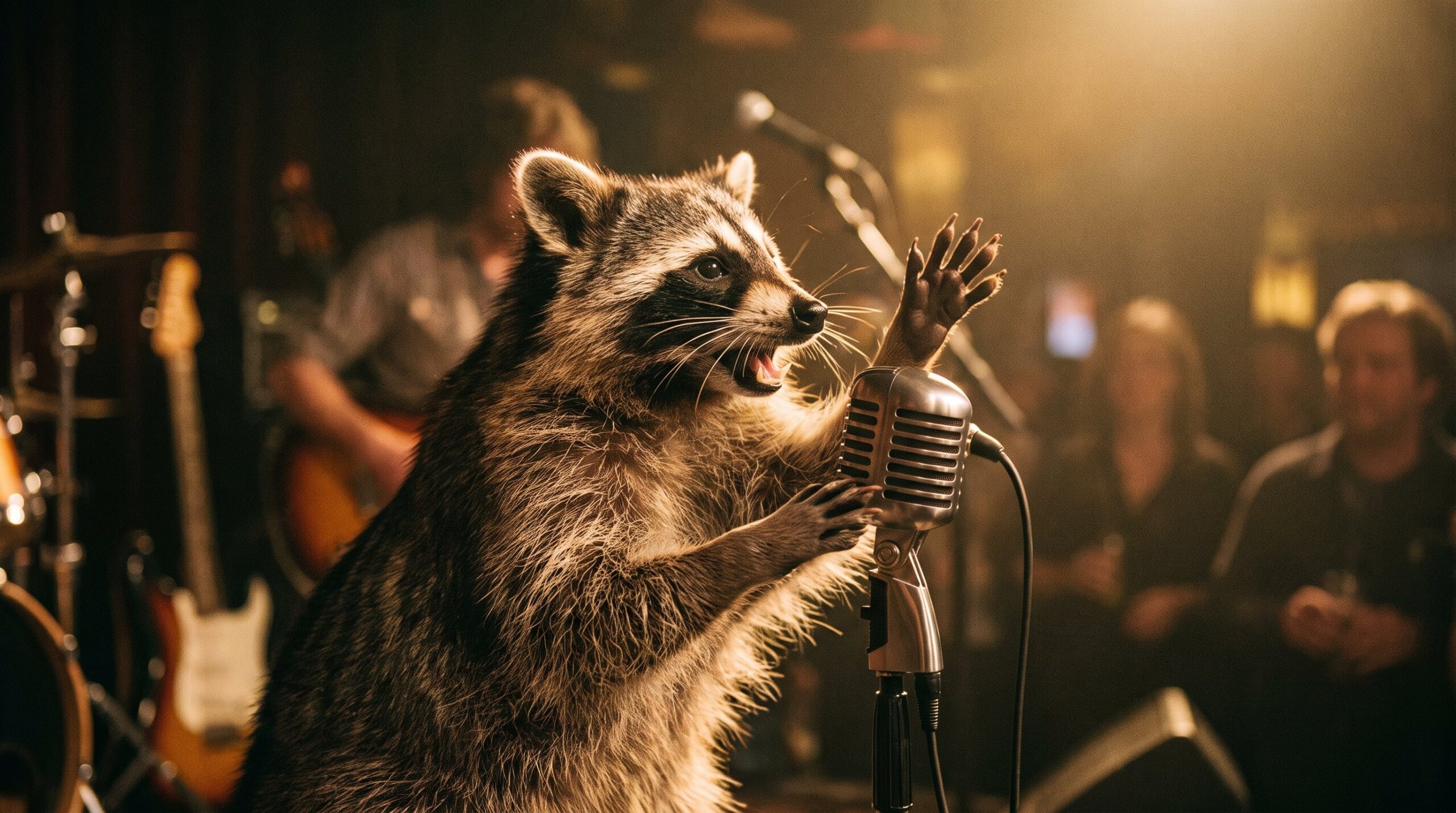 Waschbär am Mikrofon mitten in einem Ton, eine Pfote erhoben