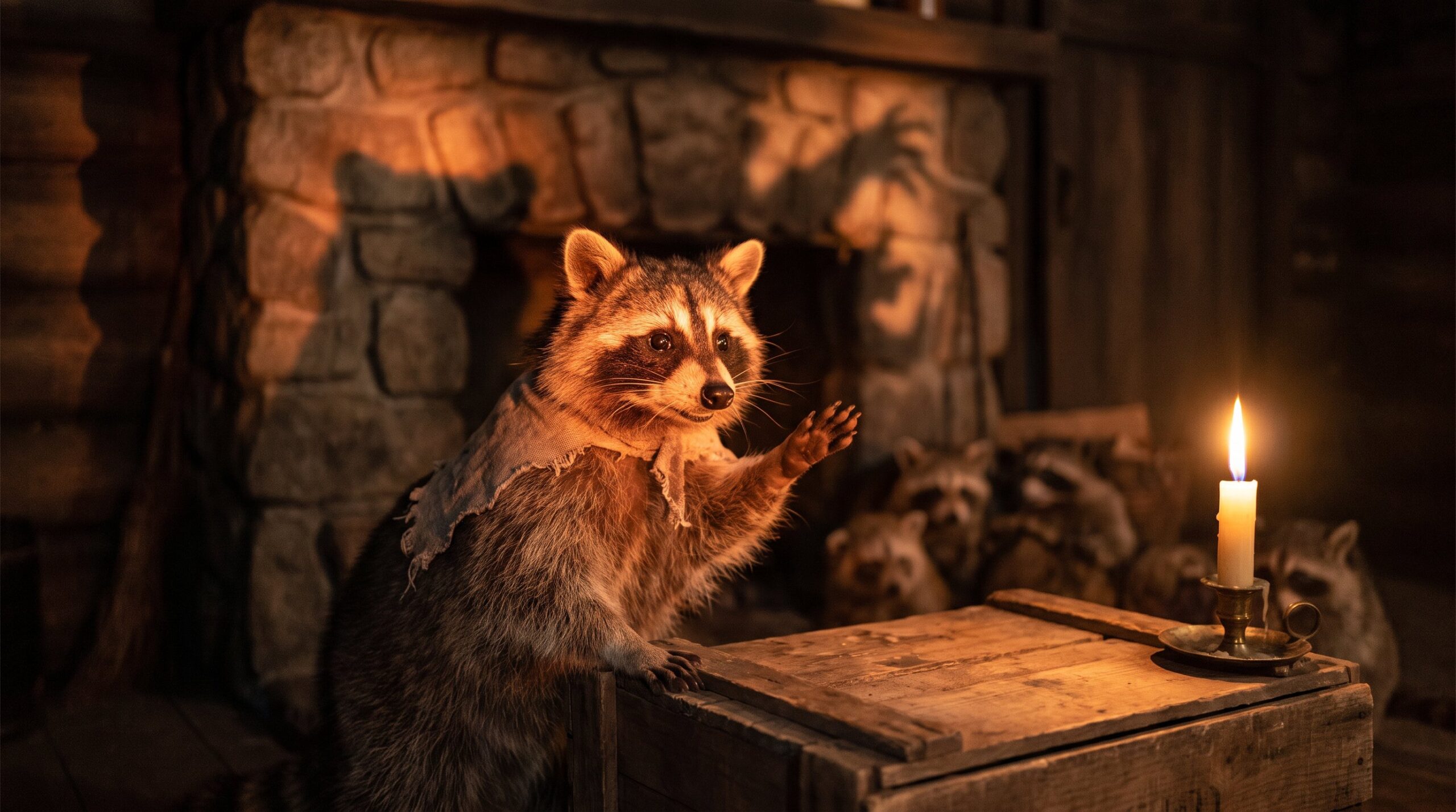 Waschbär erzählt bei Kerzenlicht eine Gruselgeschichte, unheimliche Schatten
