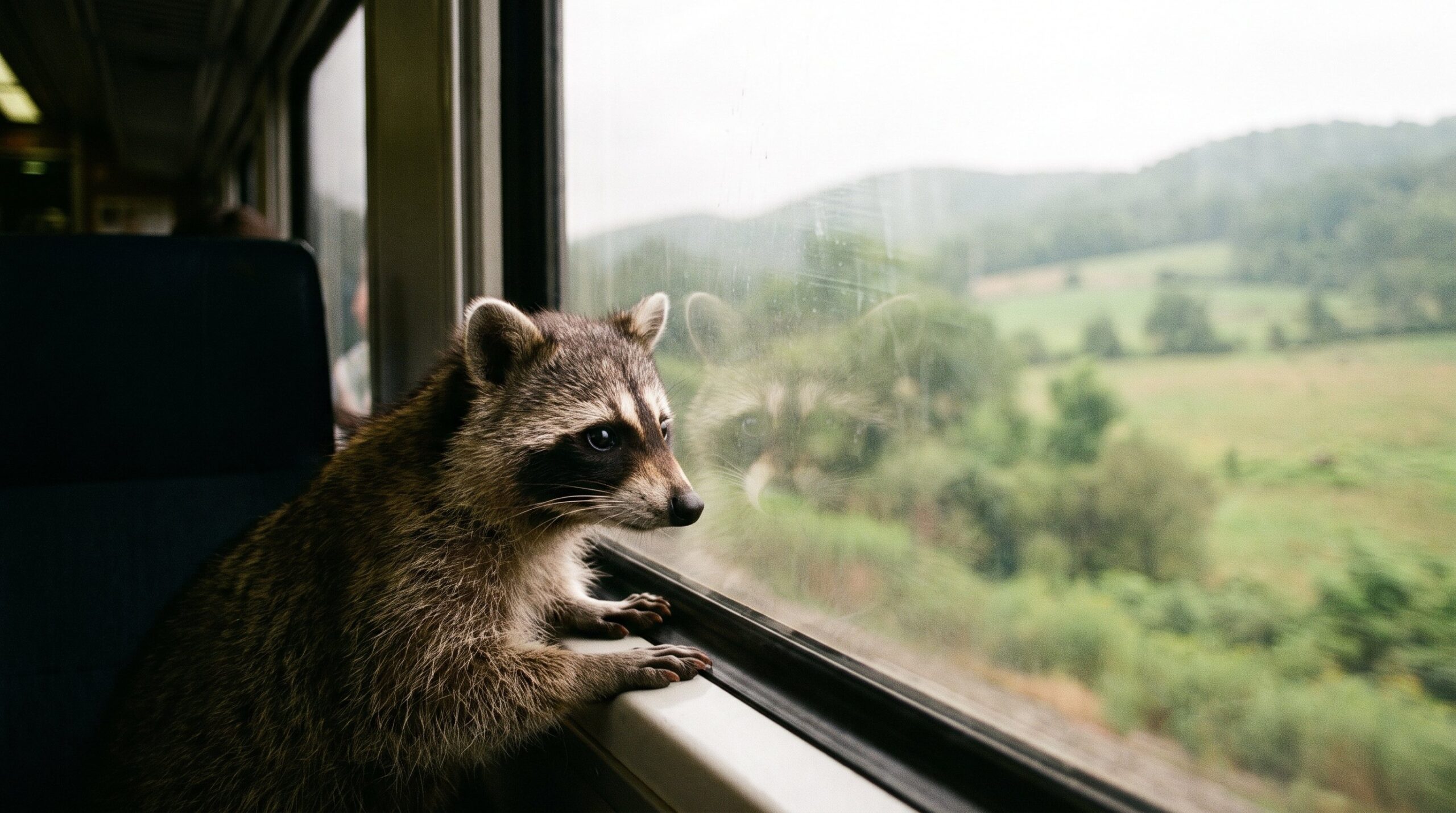 Waschbär schaut am Zugfenster sehnsüchtig auf die vorbeiziehende Landschaft