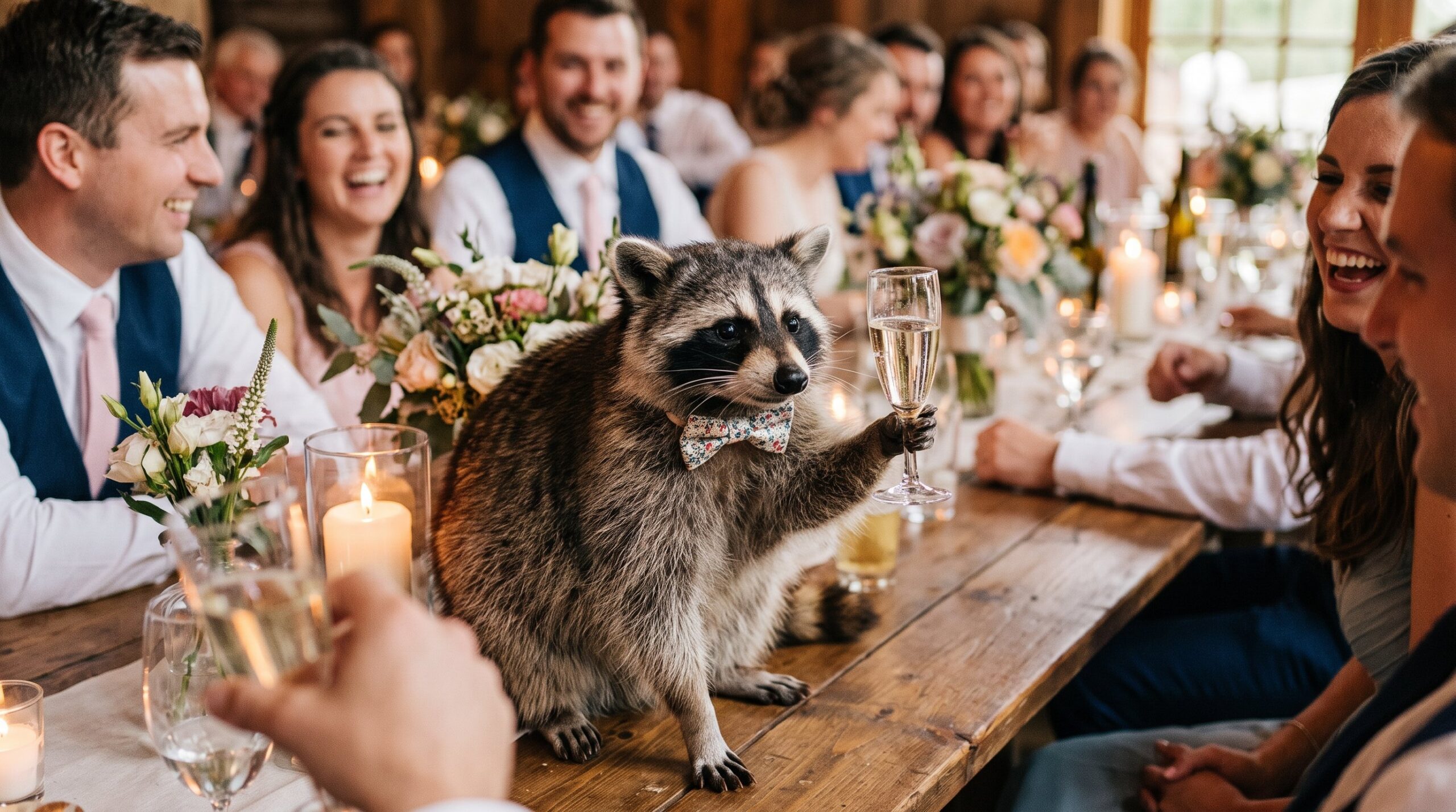 Waschbär mit Fliege hebt das Glas zum Toast an einer Hochzeitstafel