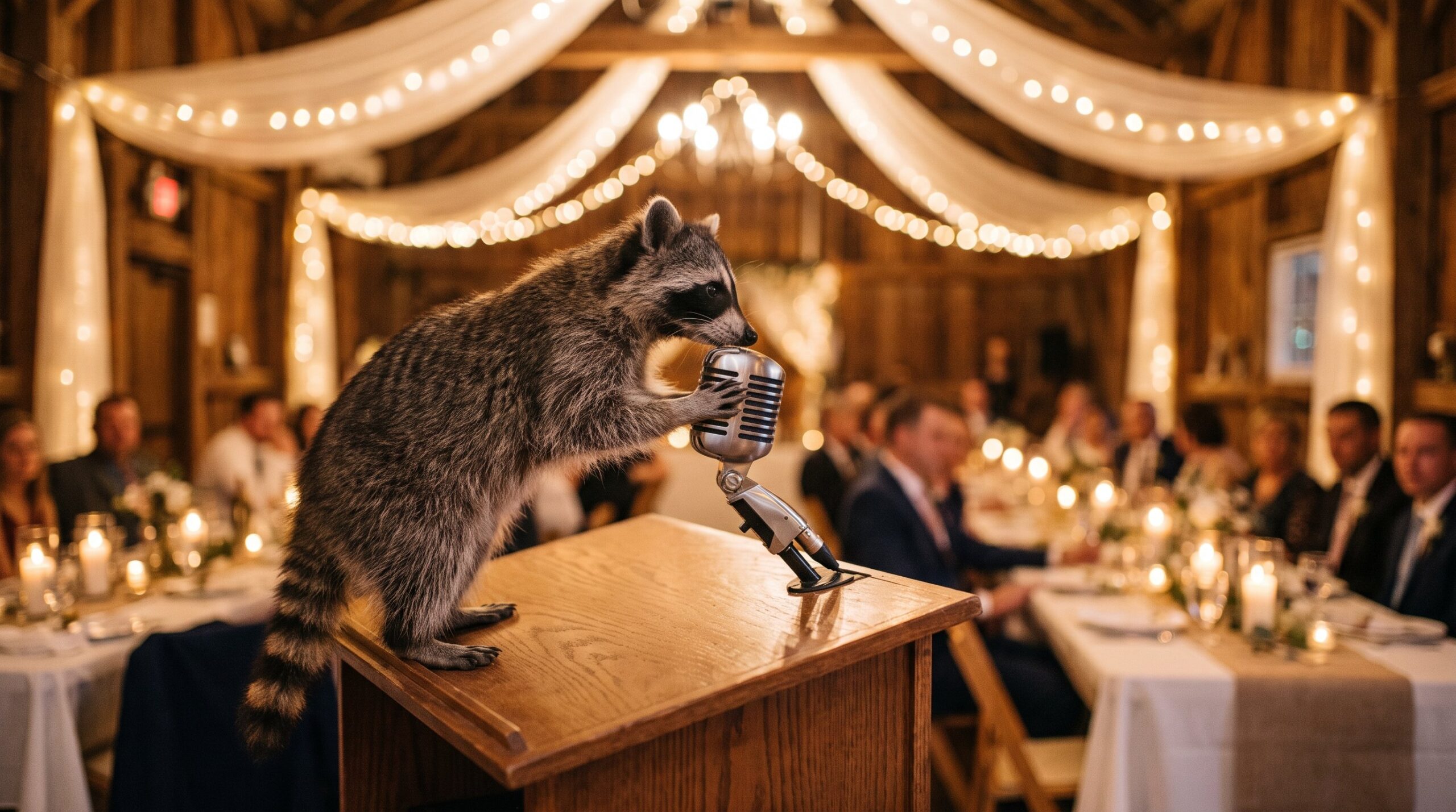 Waschbär am Mikrofon in einem geschmückten Hochzeitssaal mit Lichterketten