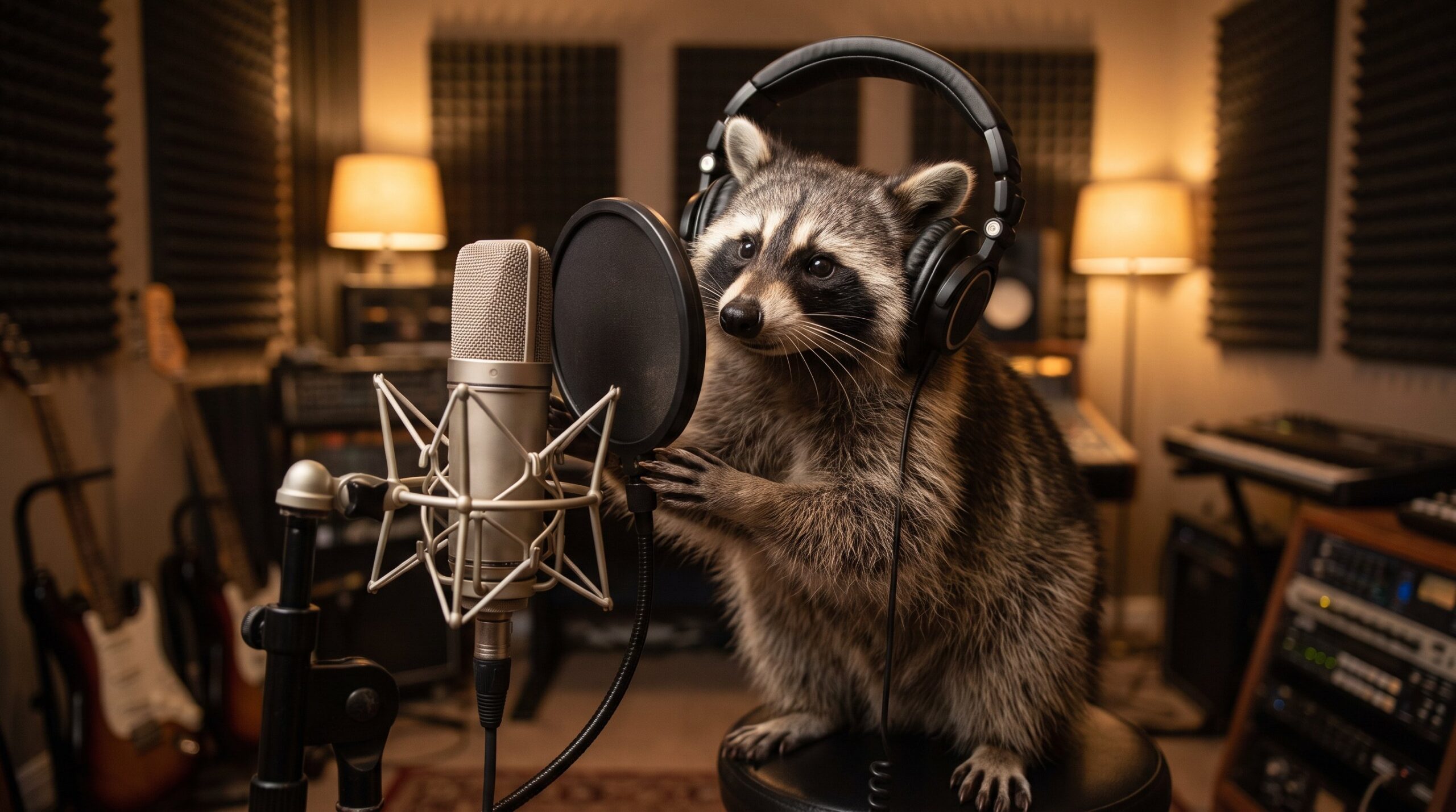 Waschbär im Tonstudio mit Kopfhörern am Mikrofon mit Popschutz