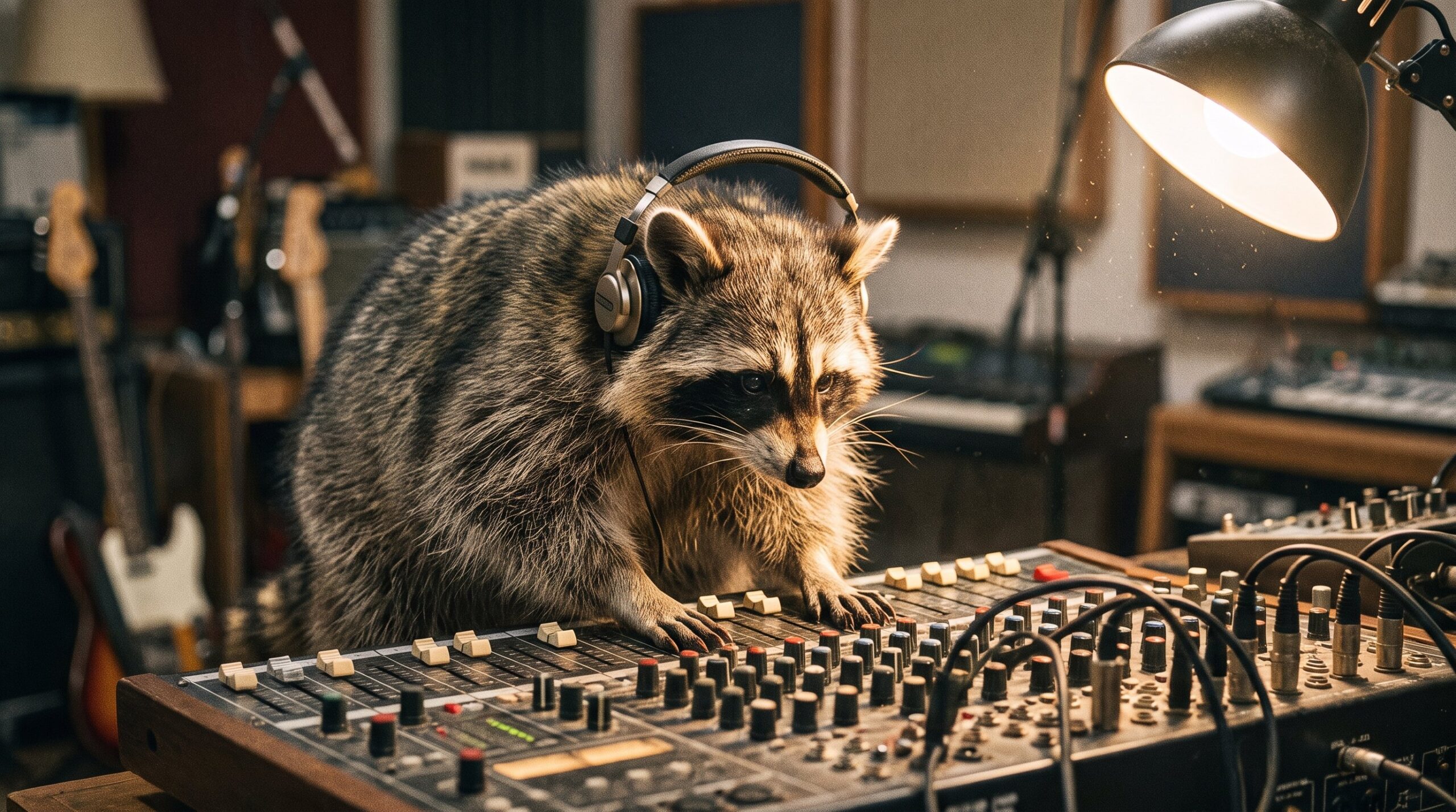Waschbär am Mischpult mit Kopfhörern, konzentriert
