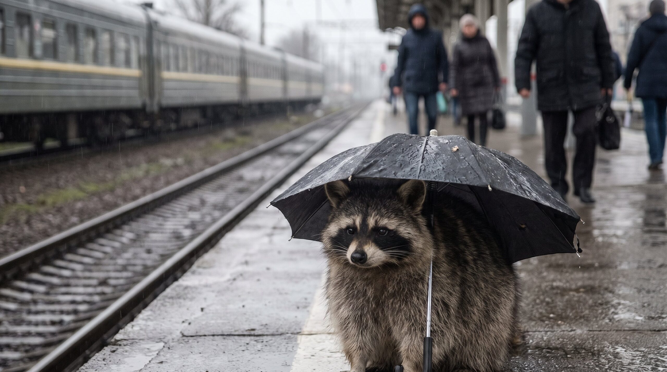 Waschbär mit winzigem Schirm im absurd starken Regen am Bahnsteig