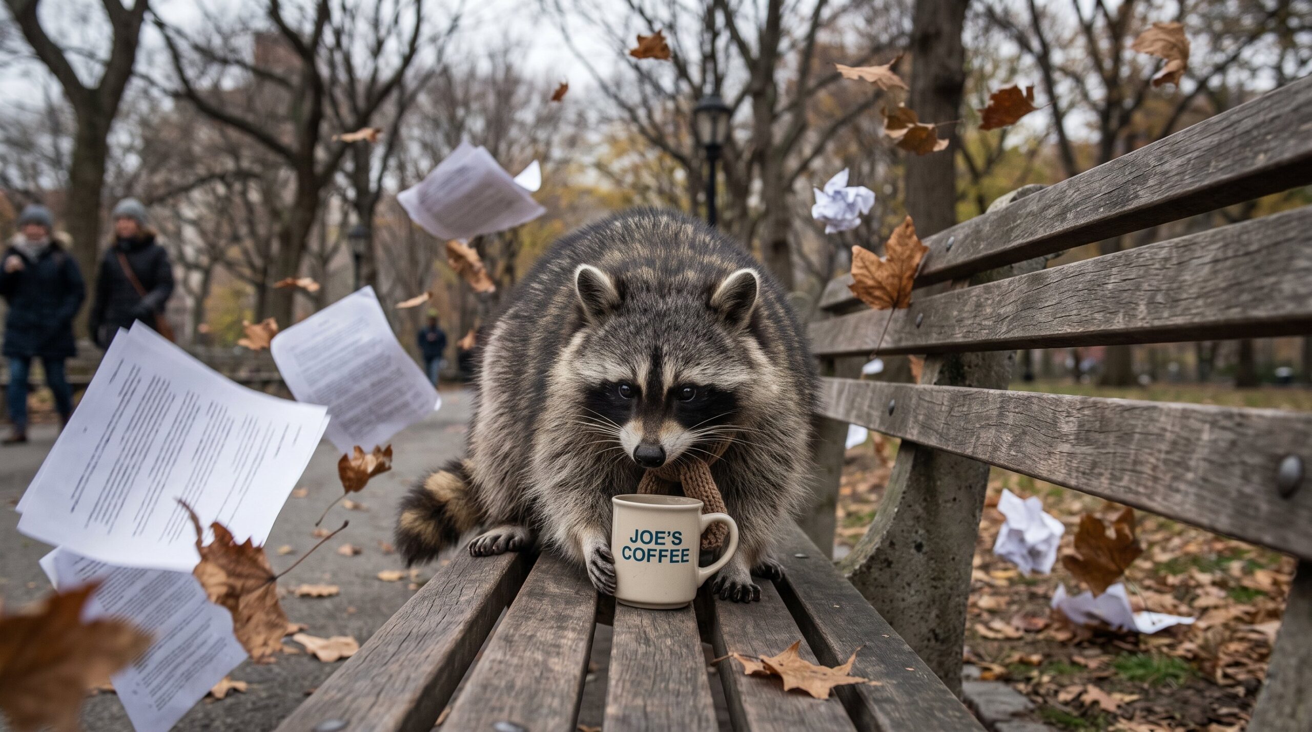 Waschbär trinkt ruhig Kaffee, während Papiere umherwirbeln