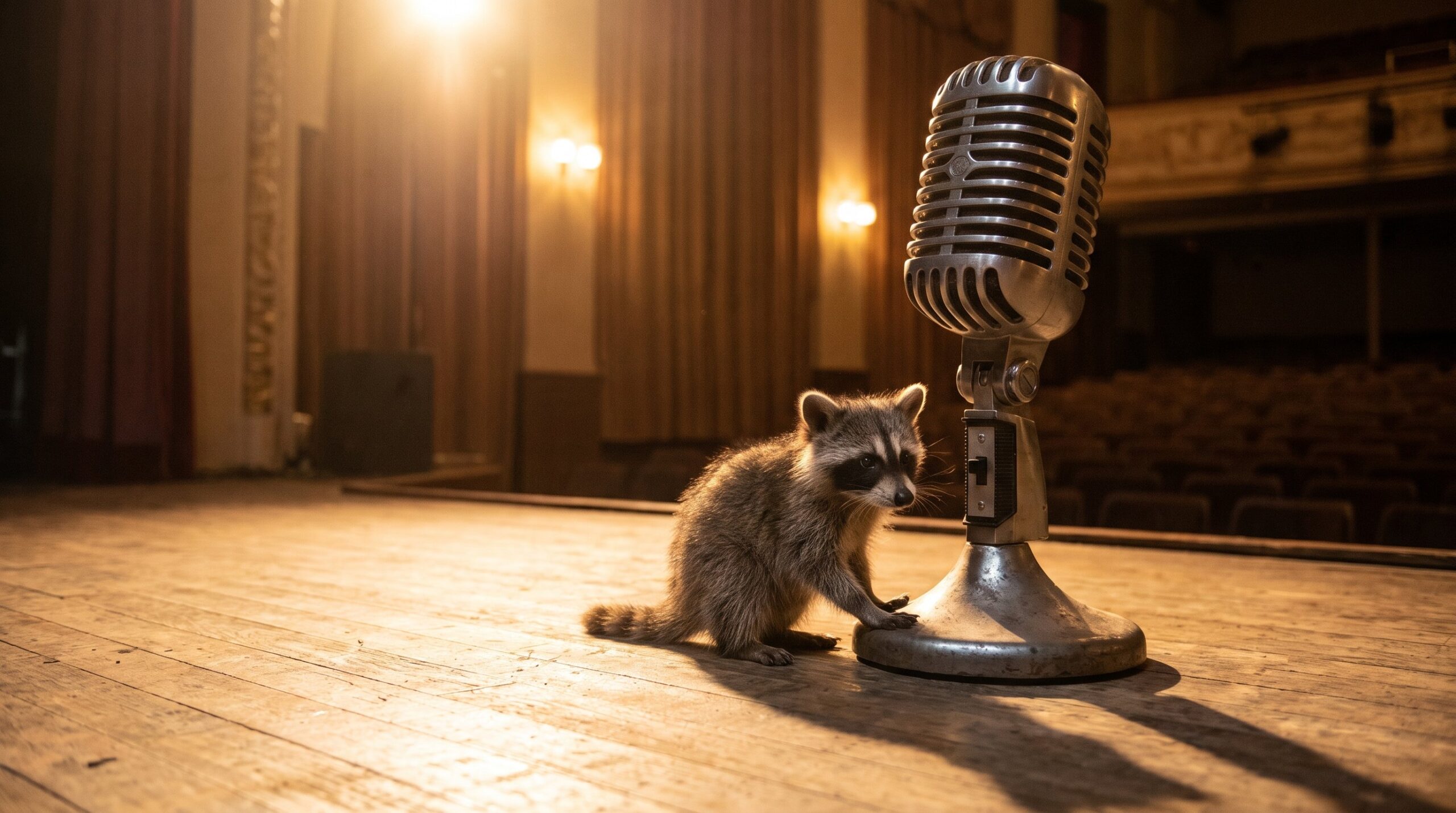 Winziger Waschbär neben einem absurd riesigen Mikrofon auf einer Bühne