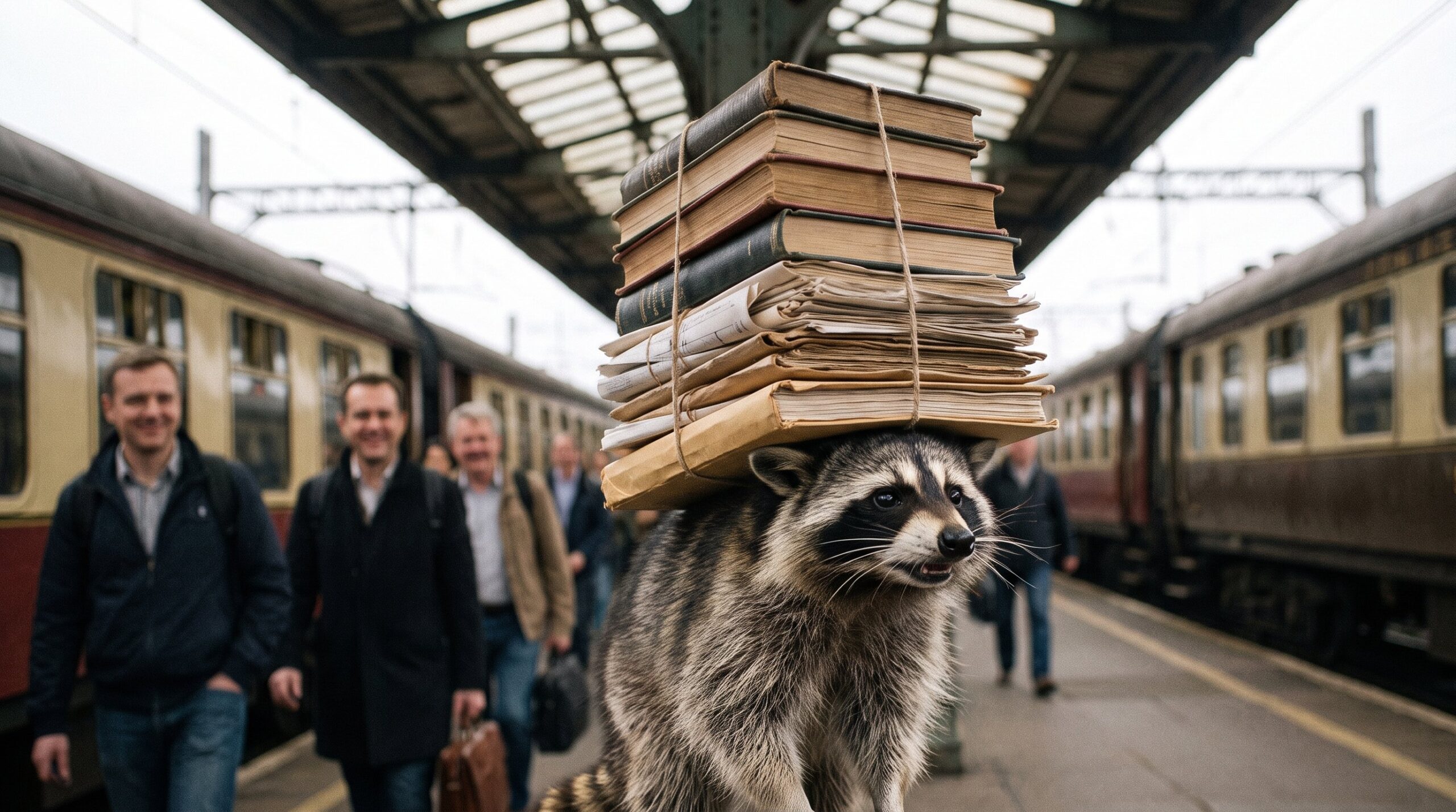 Kleiner Waschbär trägt einen absurd riesigen Stapel Papier und Bücher über den Bahnsteig