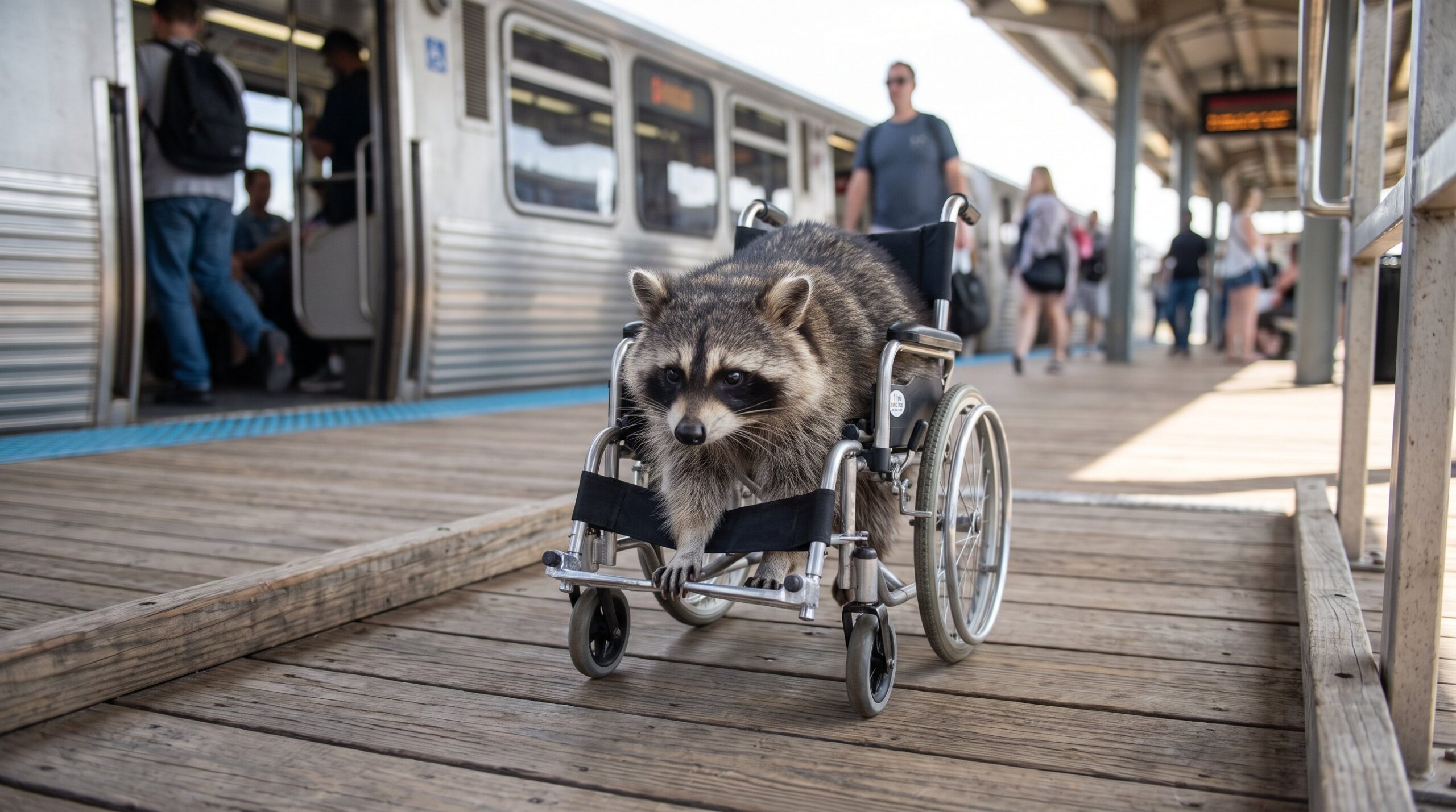 Waschbär im Rollstuhl rollt selbstbewusst über eine Rampe zum Zug