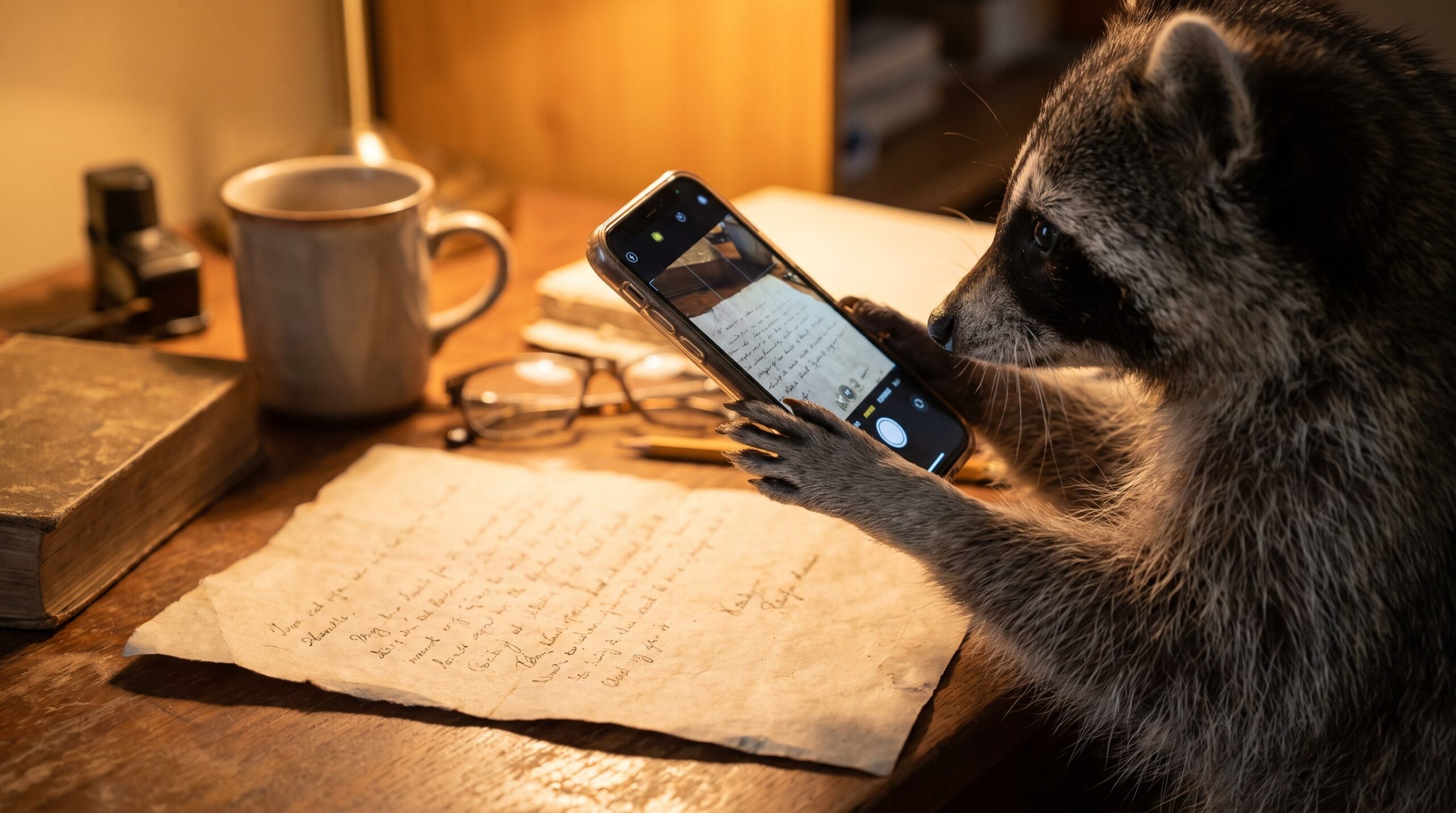 Waschbär fotografiert ein kurzes handgeschriebenes Gedicht mit dem Handy