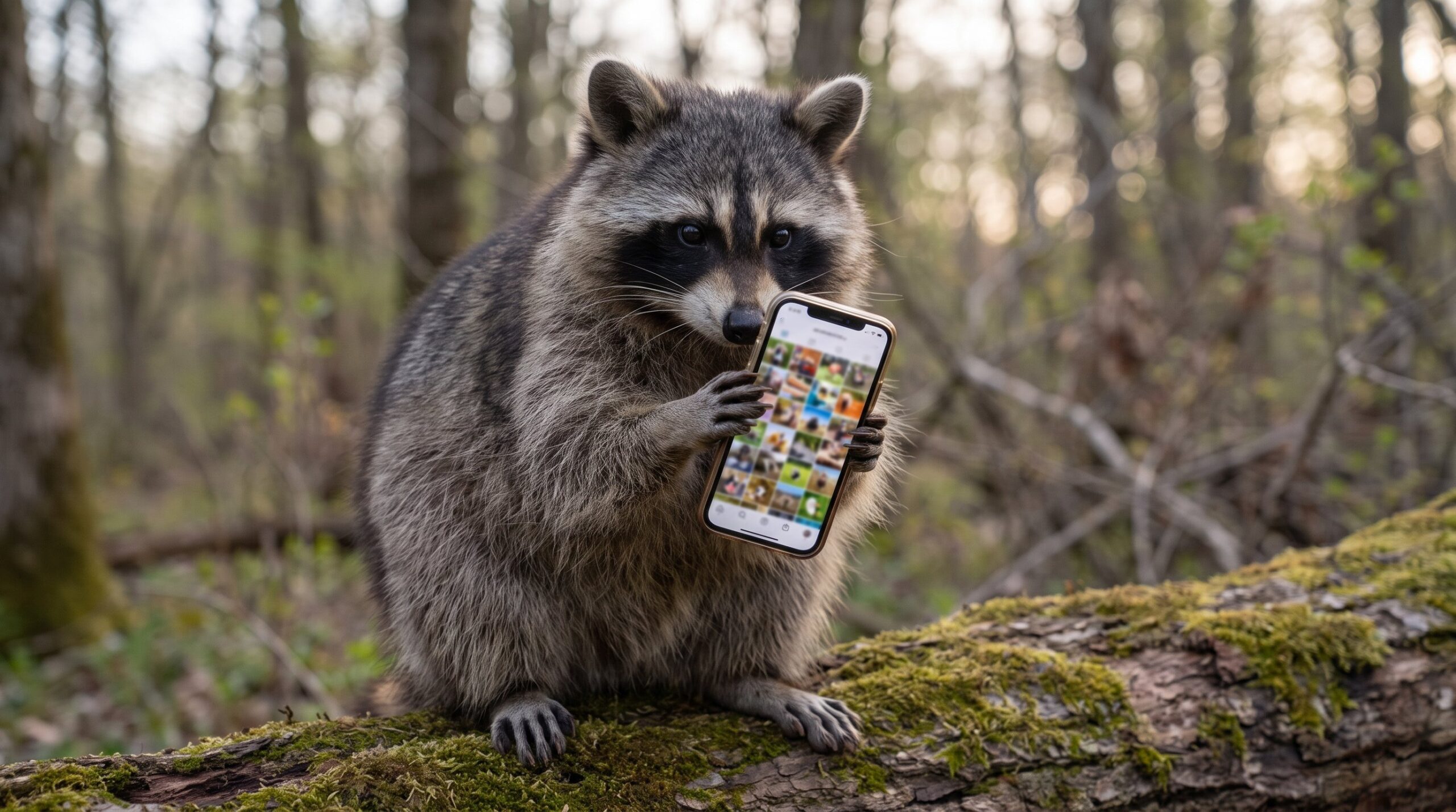 Waschbär hält ein Handy mit einem Raster aus quadratischen Bildern