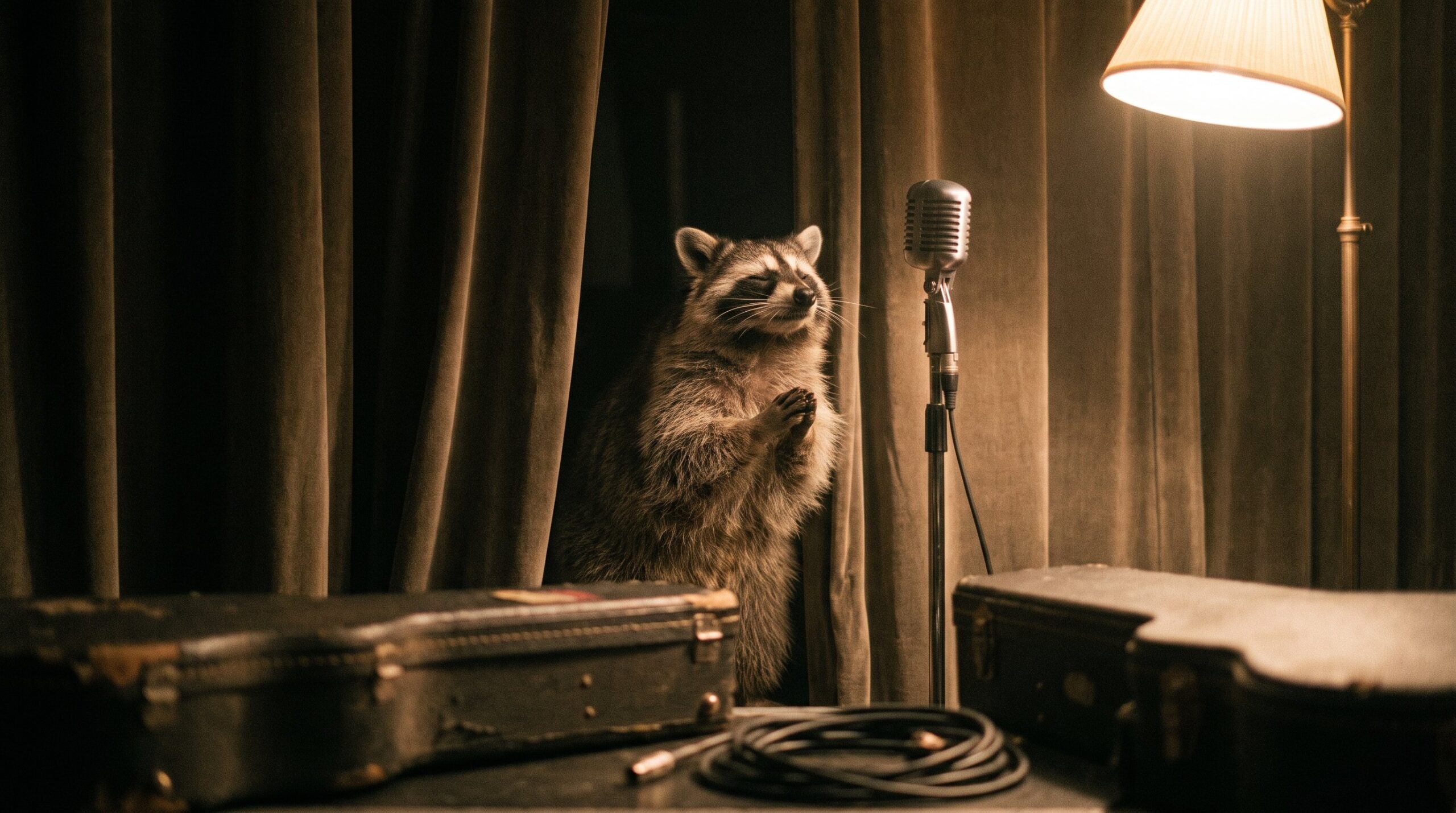 Schüchterner Waschbär backstage holt tief Luft vor dem Mikrofon