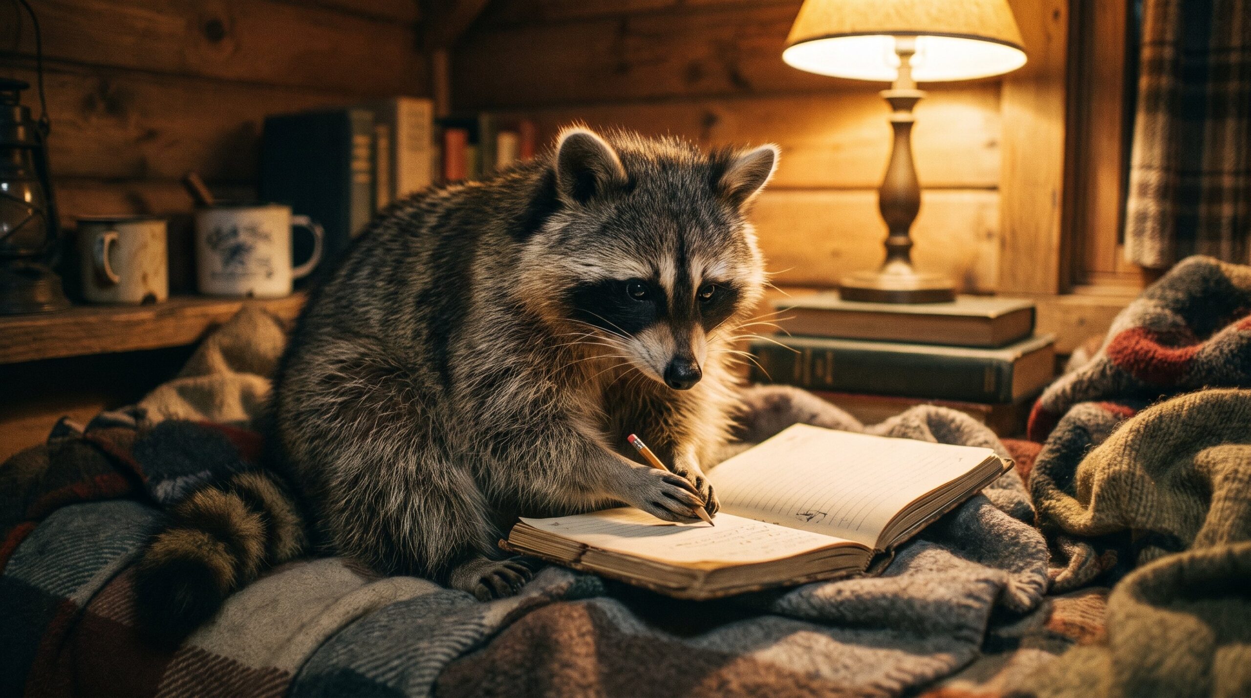 Ruhiger Waschbär schreibt in einer gemütlichen Ecke in ein Notizbuch