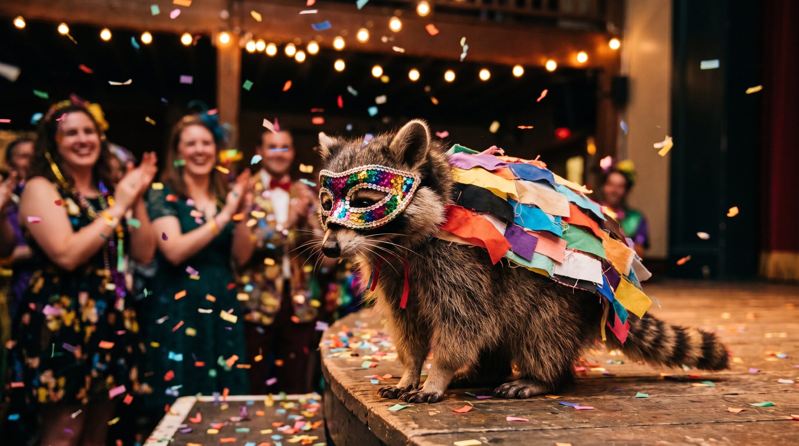 Waschbär im bunten Karnevalskostüm mit Maske und Konfetti auf der Bühne