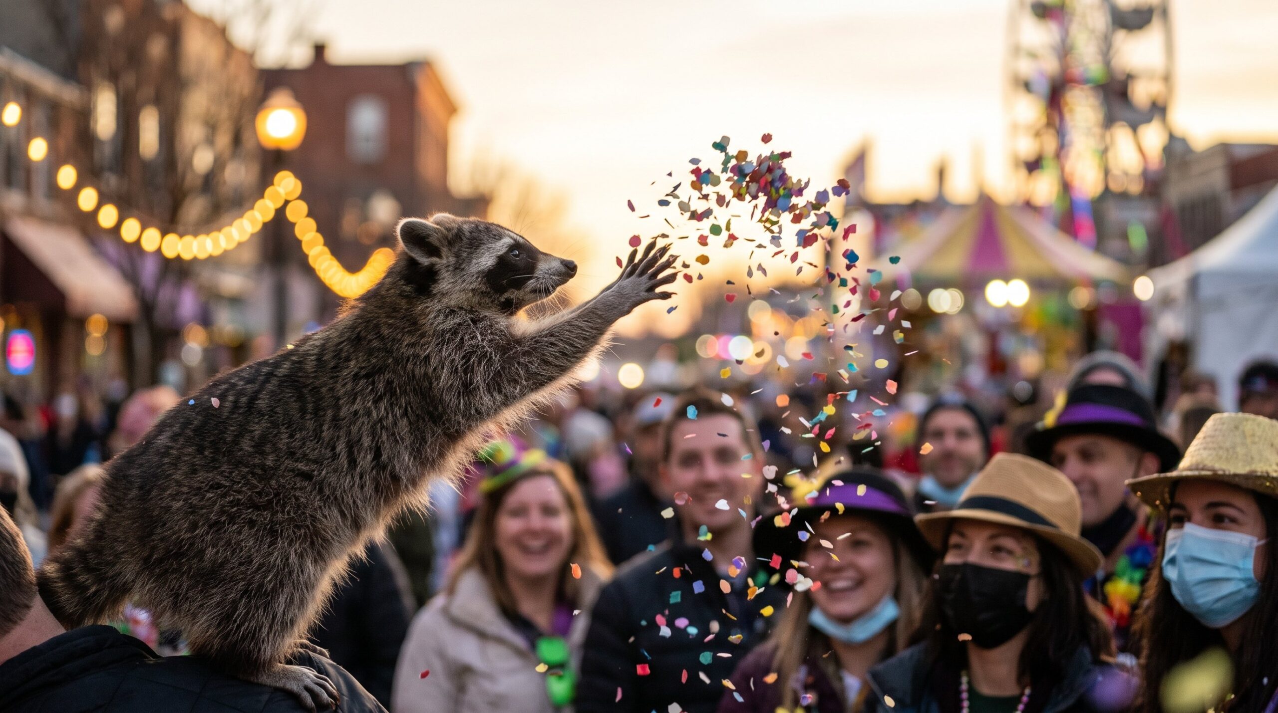Waschbär wirft buntes Konfetti, ausgelassene Karnevalsstimmung