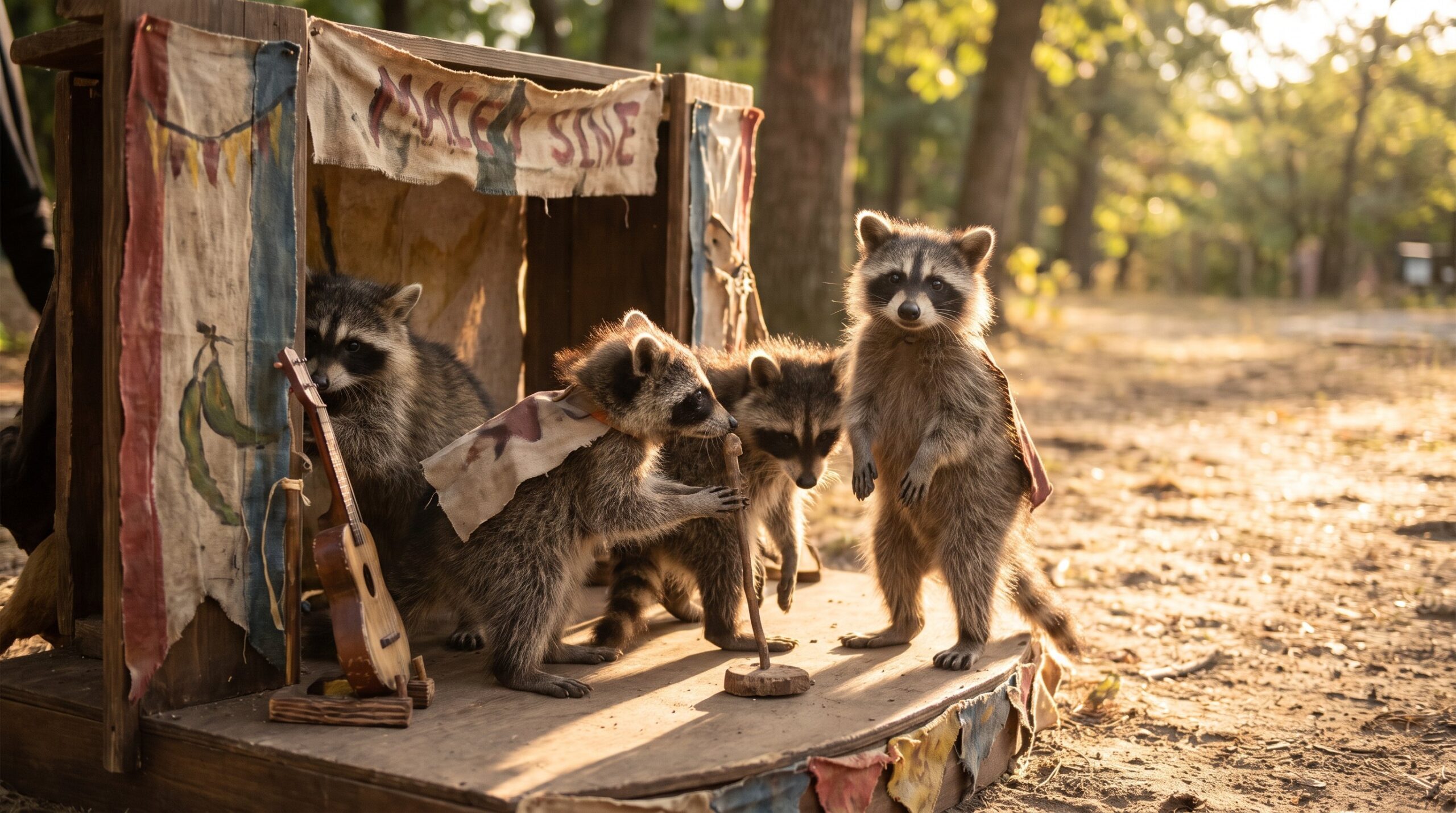 Waschbär-Kinder treten stolz auf einer kleinen Bühne auf