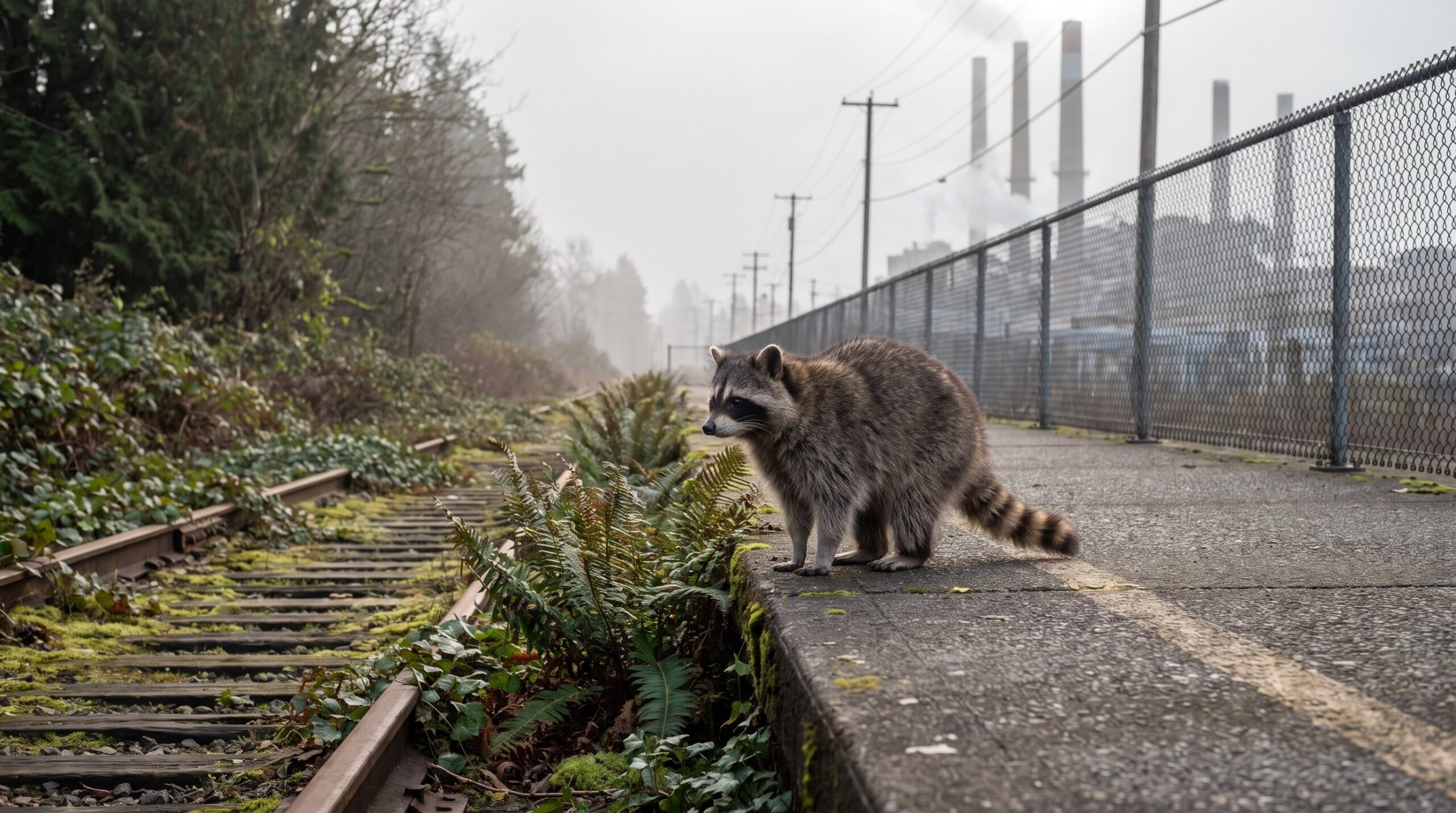 Waschbär am Bahnsteig, auf einer Seite überwuchern Pflanzen die Gleise, auf der anderen grauer Industriedunst