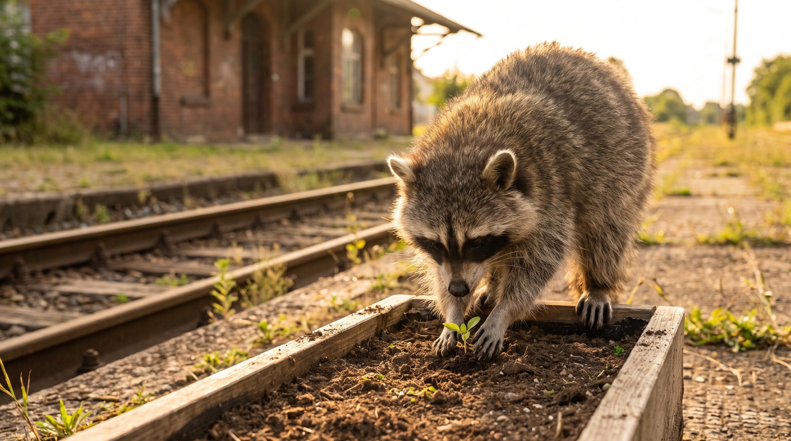 Waschbär pflanzt behutsam einen kleinen grünen Setzling in einen Kübel am Bahnsteig