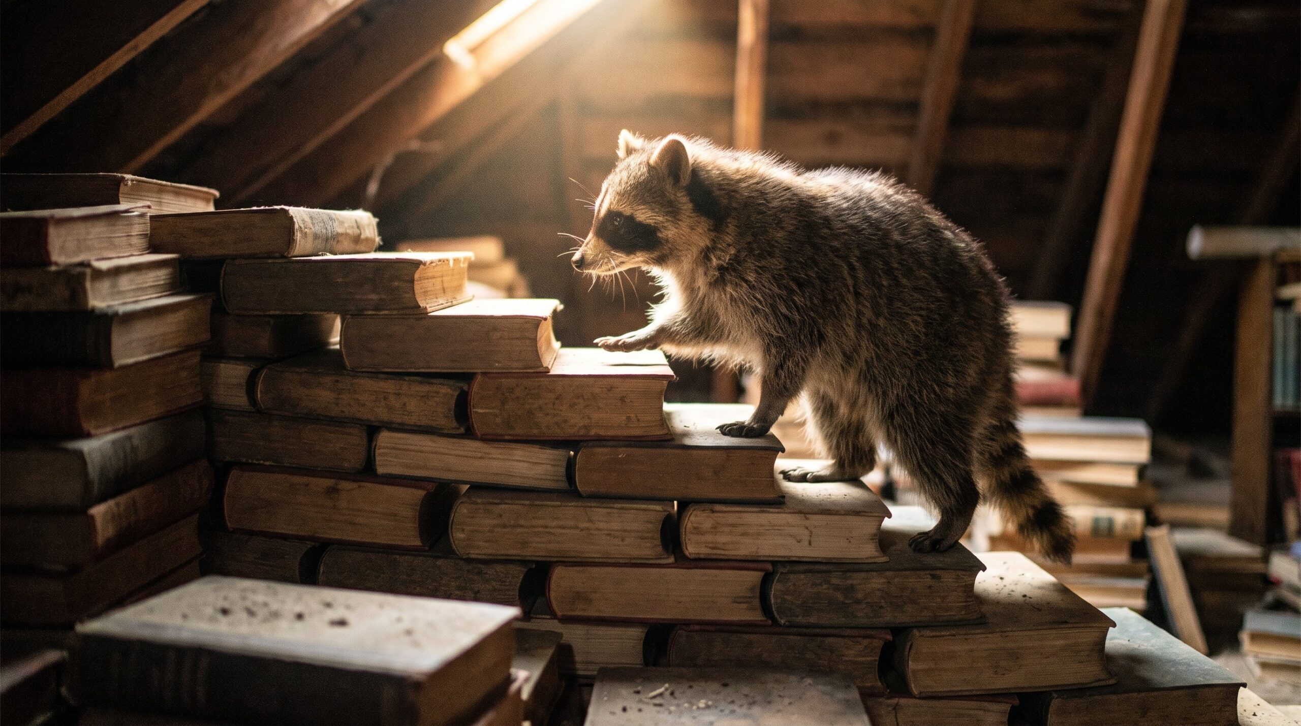 Waschbär steigt eine Treppe aus gestapelten Büchern zu einem Scheinwerfer hinauf