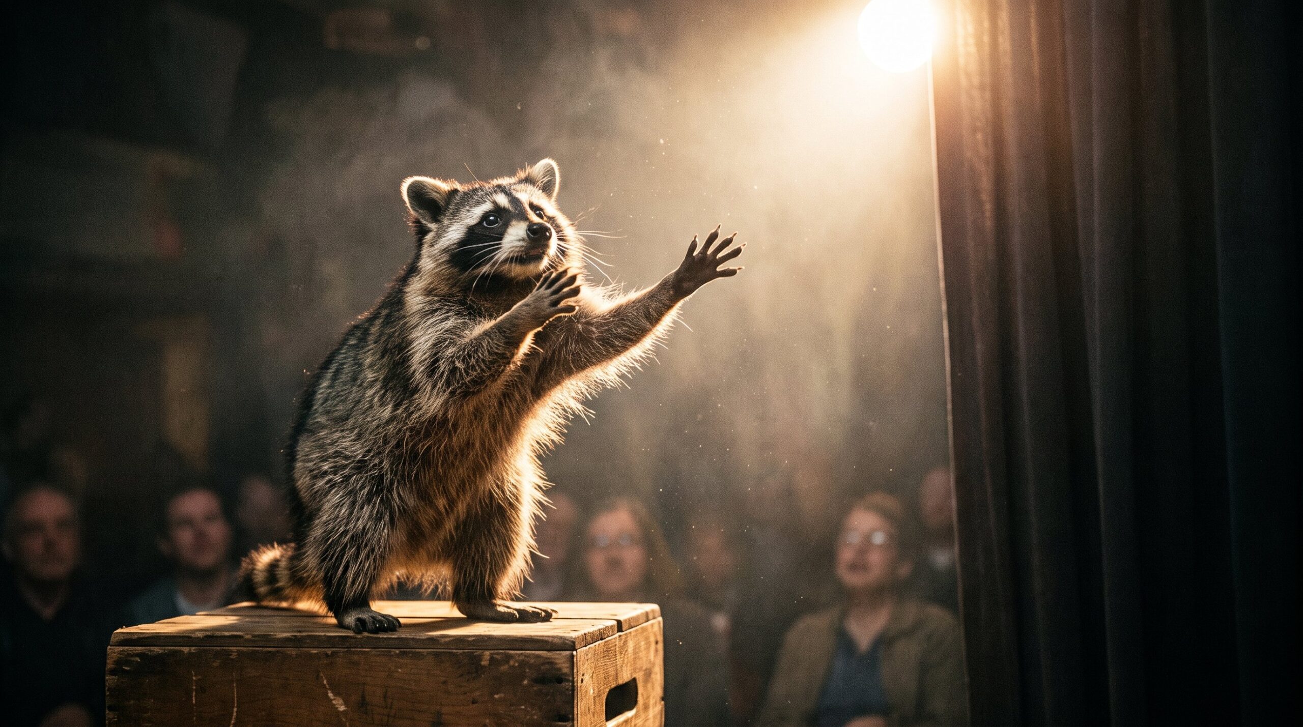 Waschbär auf der Bühne am dramatischen Höhepunkt, beide Pfoten erhoben