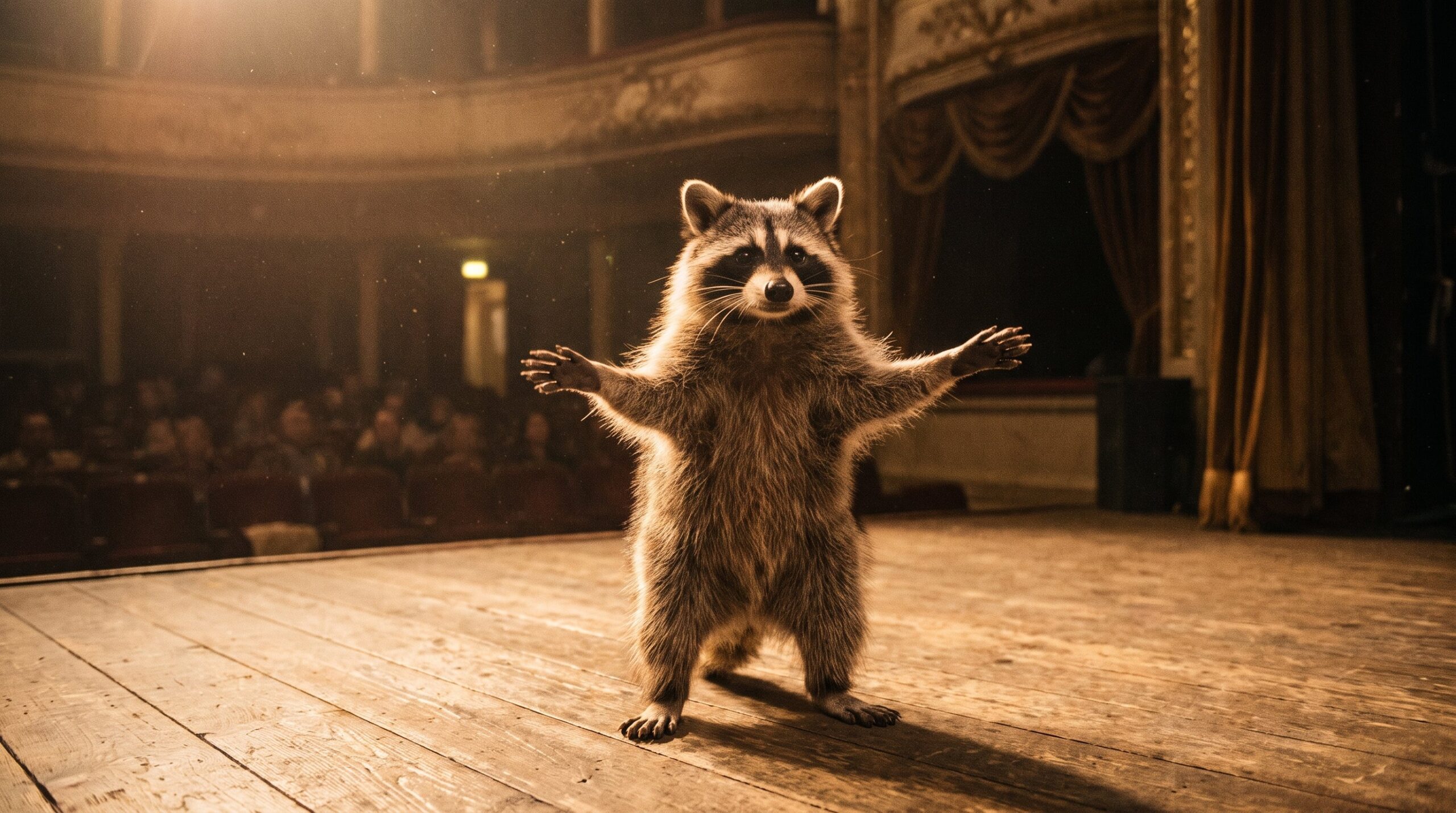 Waschbär auf der Bühne in offener, ausladender Pose