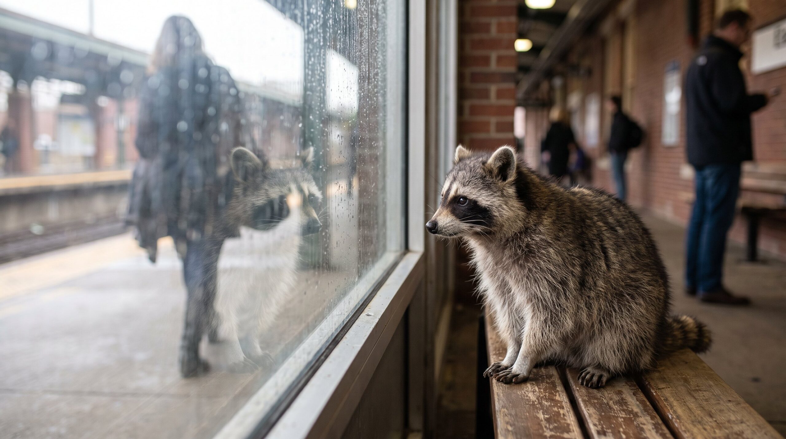 Waschbär betrachtet nachdenklich sein Spiegelbild in einem großen Zugfenster