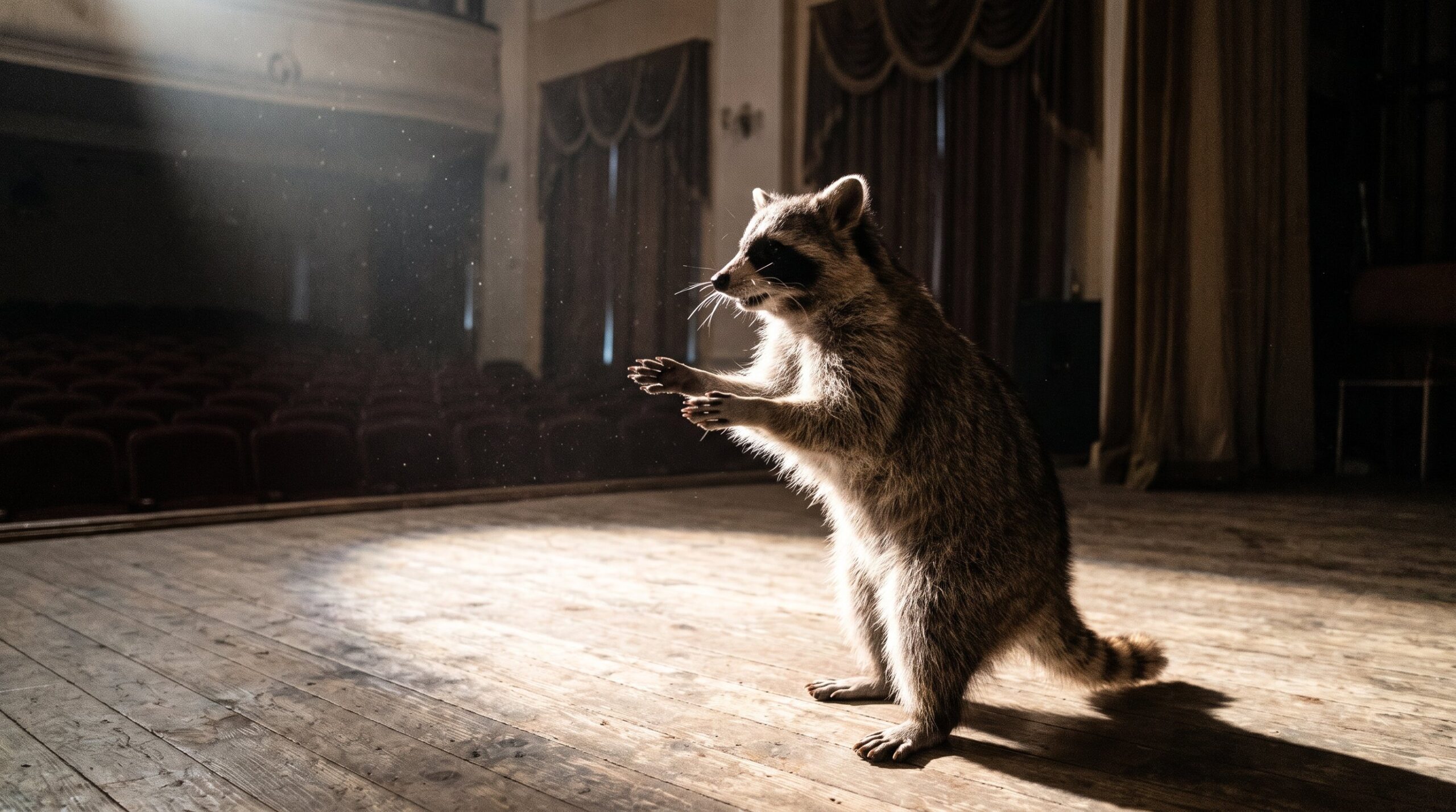 Waschbär mitten in einer Geste, fester Stand auf der Bühne