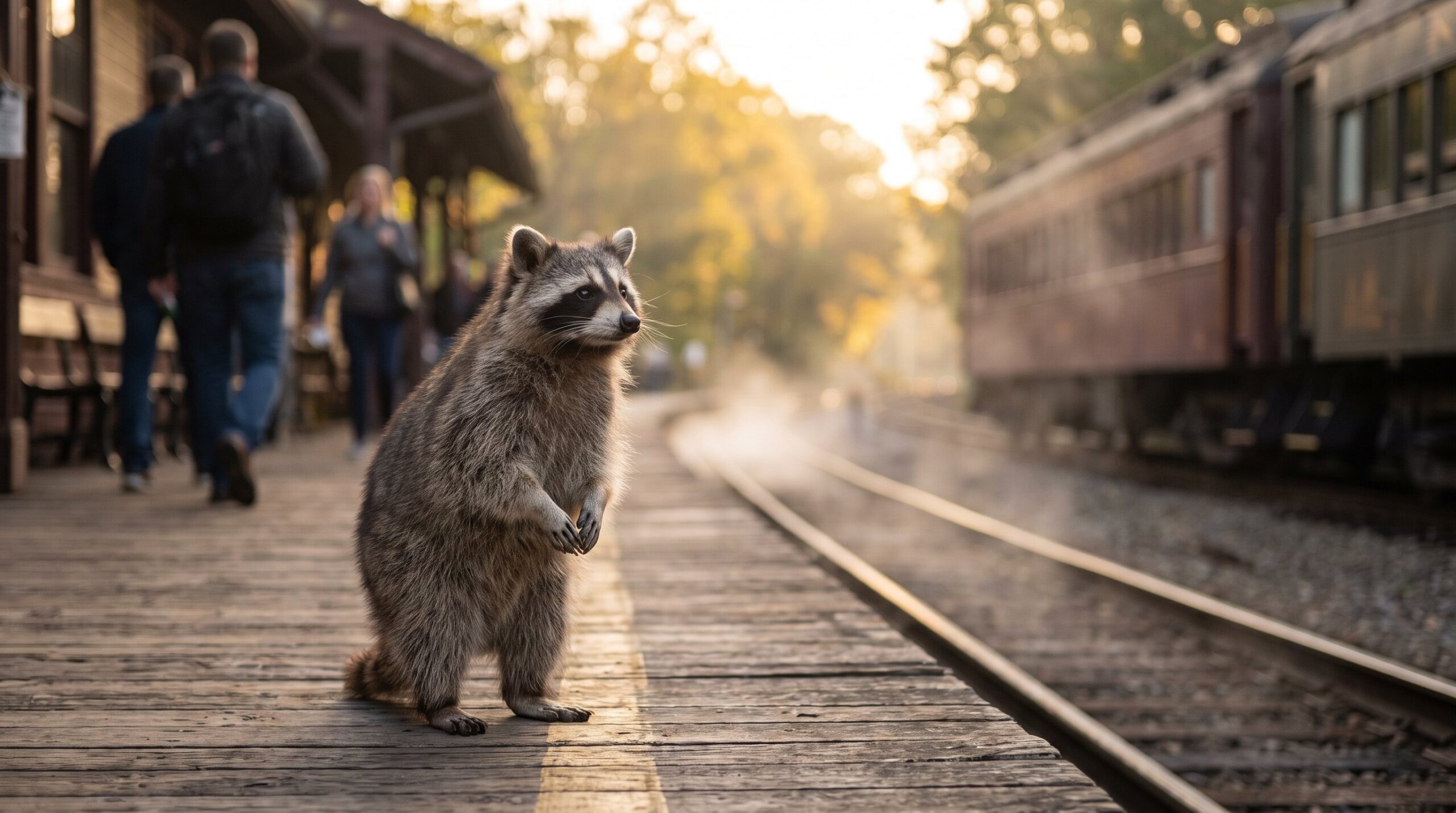 Waschbär steht aufrecht und ruhig im Morgenlicht auf dem Bahnsteig