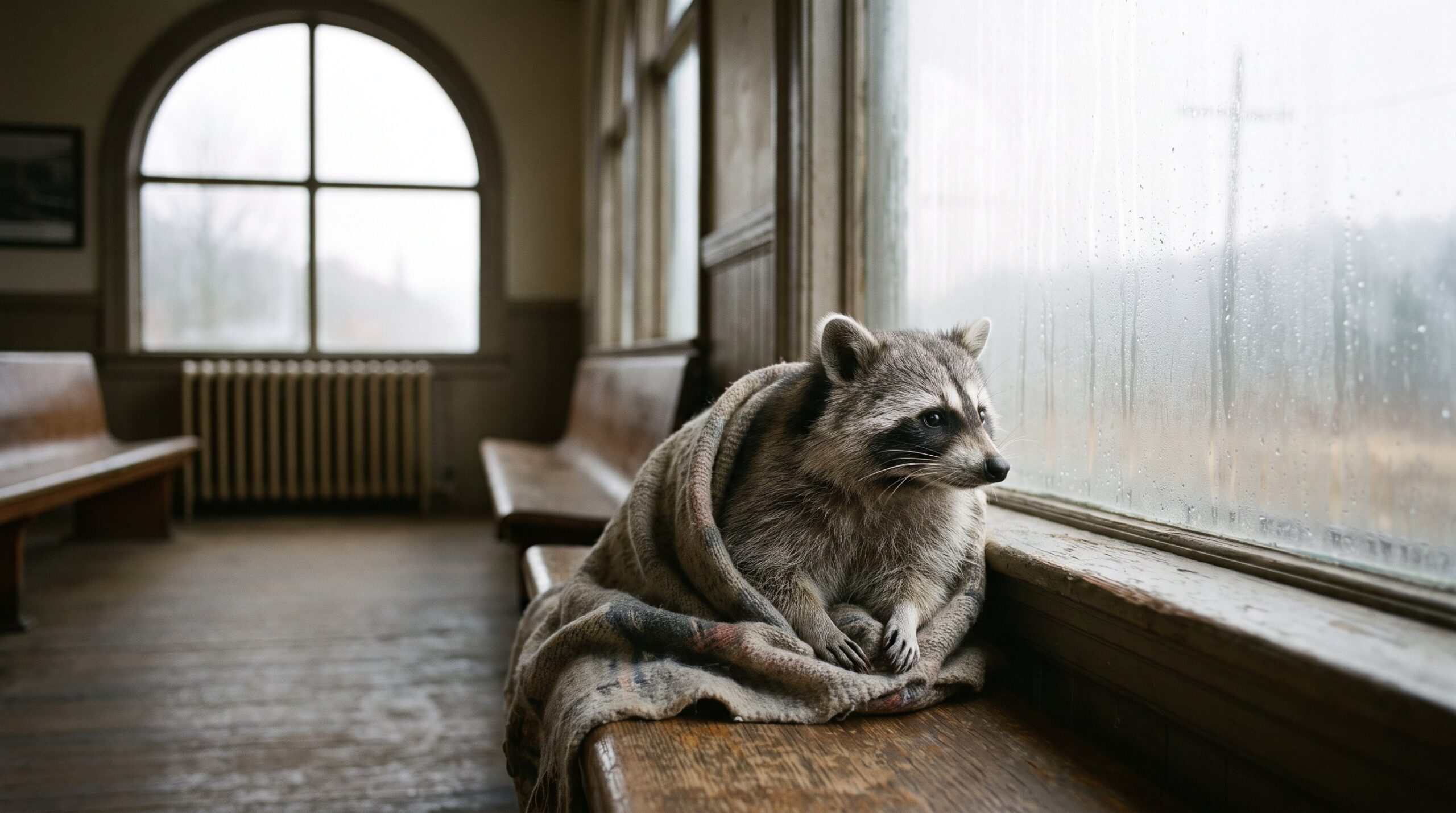 Waschbär ruht in eine Decke gehüllt auf einer Bank und schaut aus einem großen Fenster