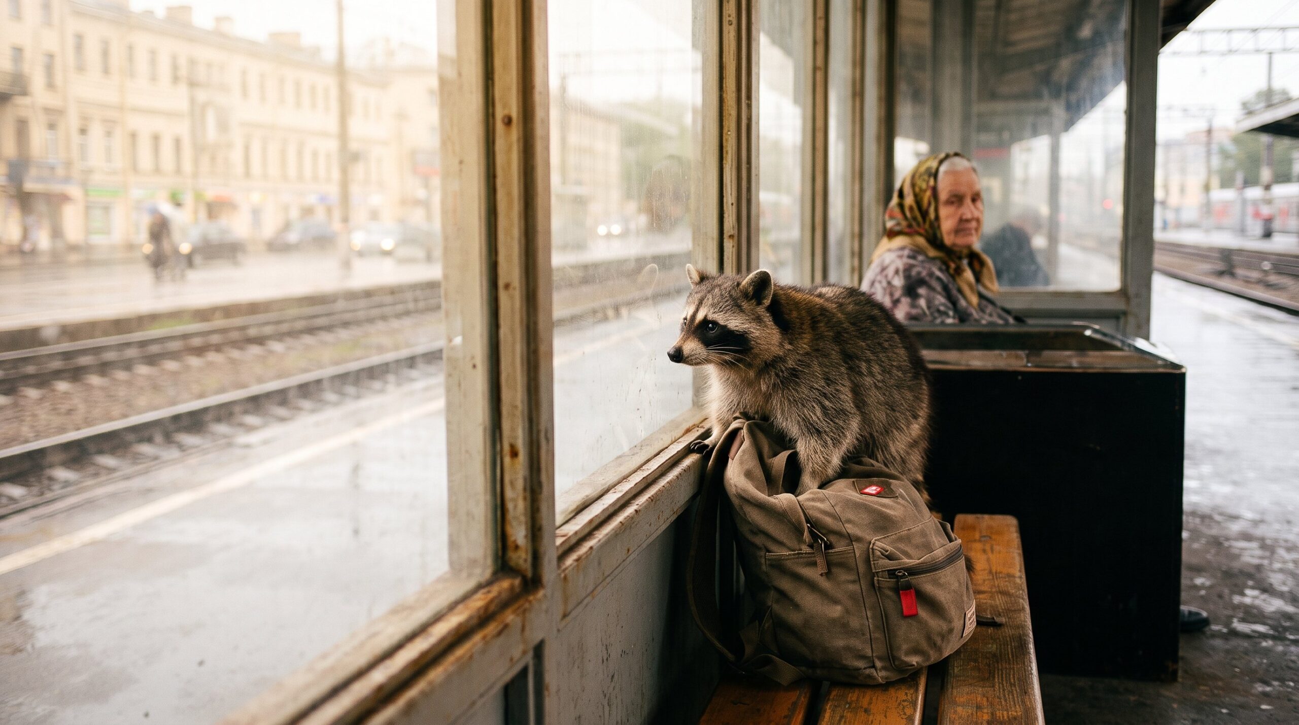 Waschbär sitzt ruhig am Bahnhofsfenster mit einer kleinen Reisetasche