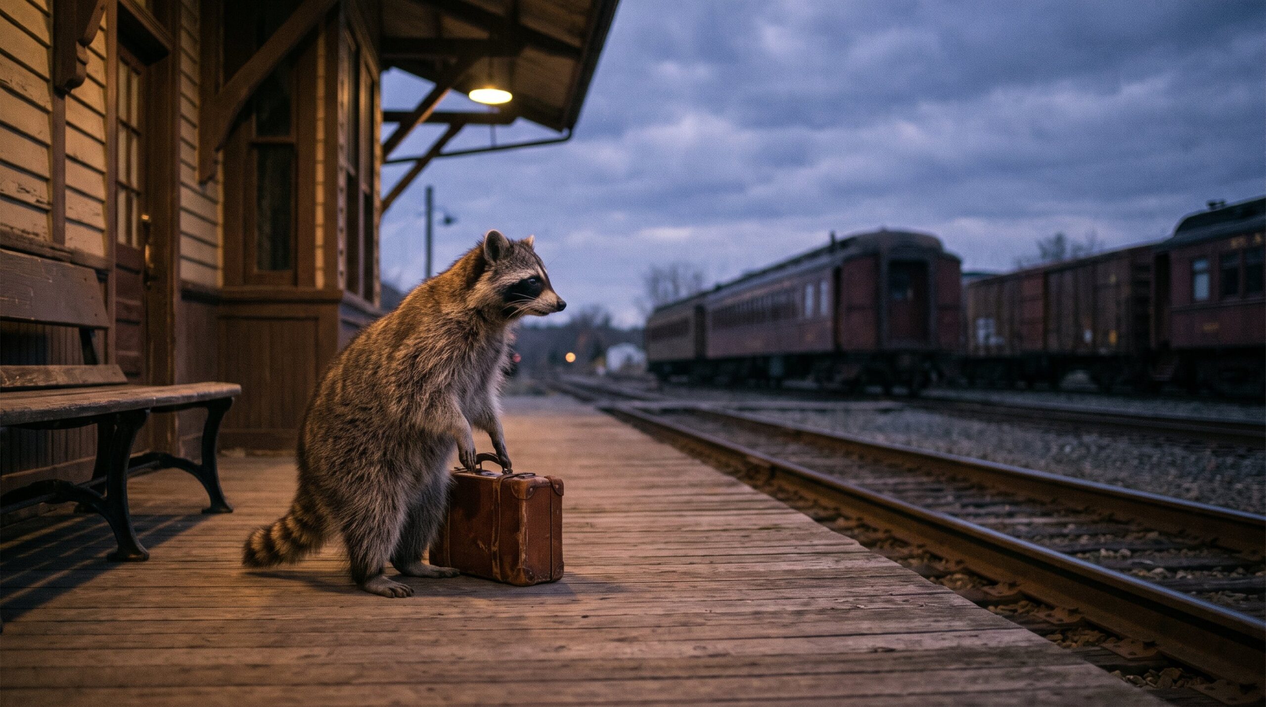 Waschbär mit einem kleinen Koffer steht allein auf einem leeren Bahnsteig im verblassenden Abendlicht