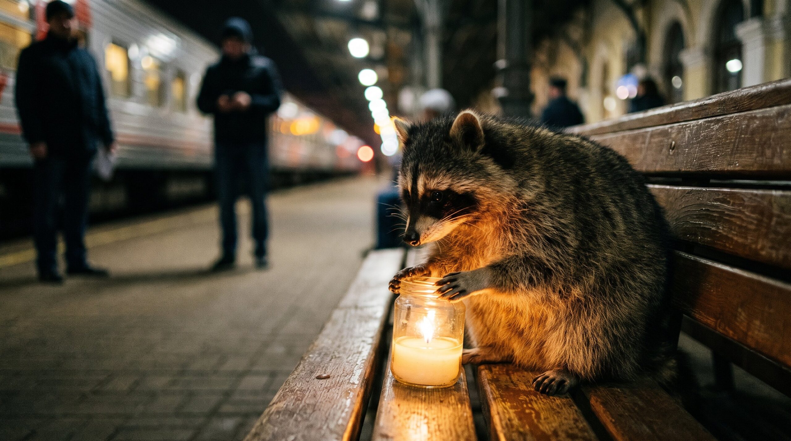 Waschbär hält behutsam eine kleine Kerzenflamme gegen die Dunkelheit in einem stillen Bahnhof