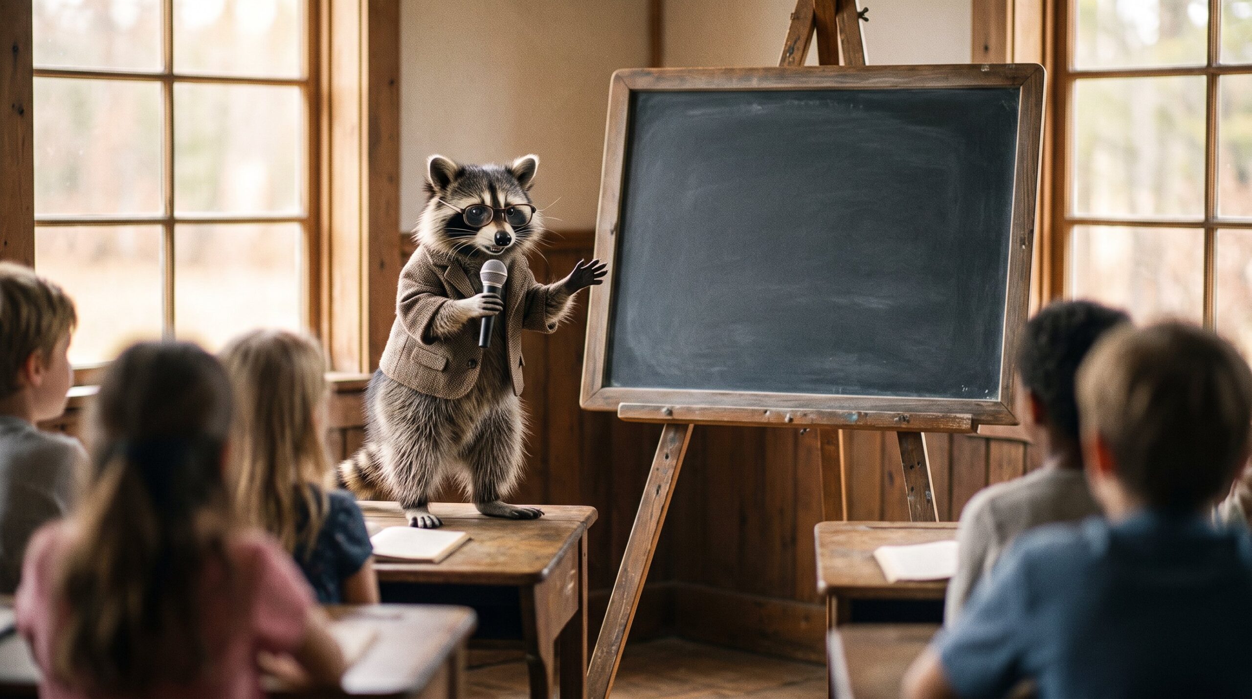 Waschbär als Lehrer an der Tafel mit Mikrofon im Klassenzimmer
