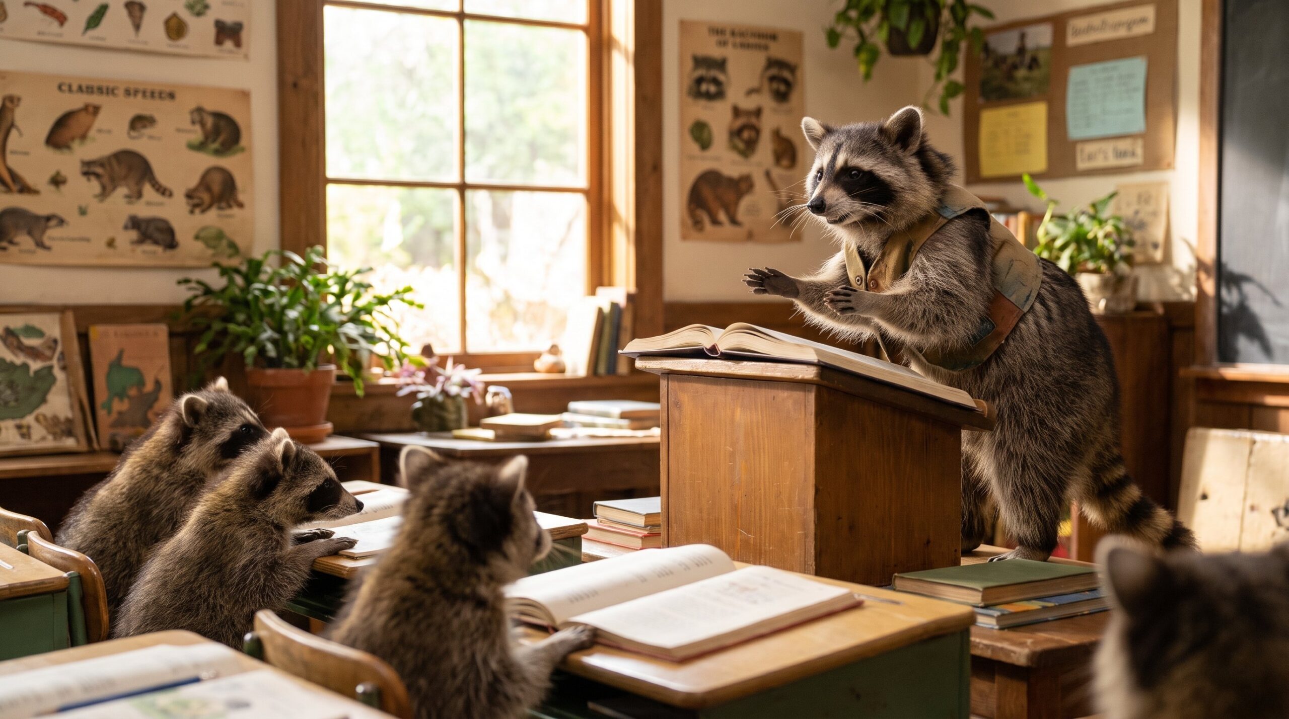 Waschbär-Lehrer trägt einer Klasse junger Waschbären einen Text vor