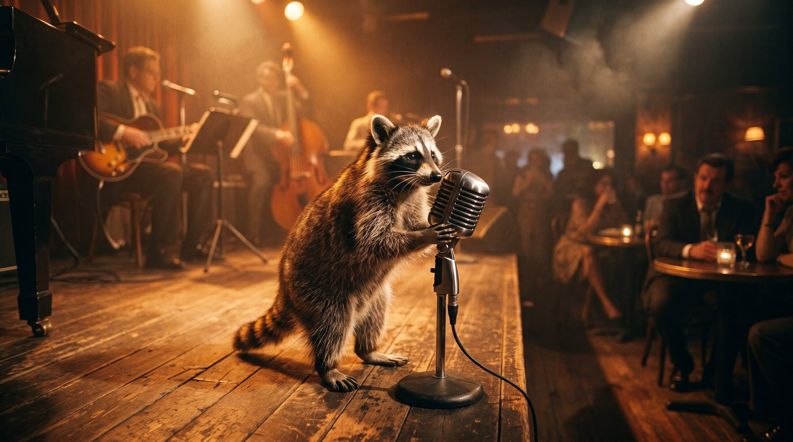 Waschbär an einem alten Mikrofon in einem Jazzclub der 1980er