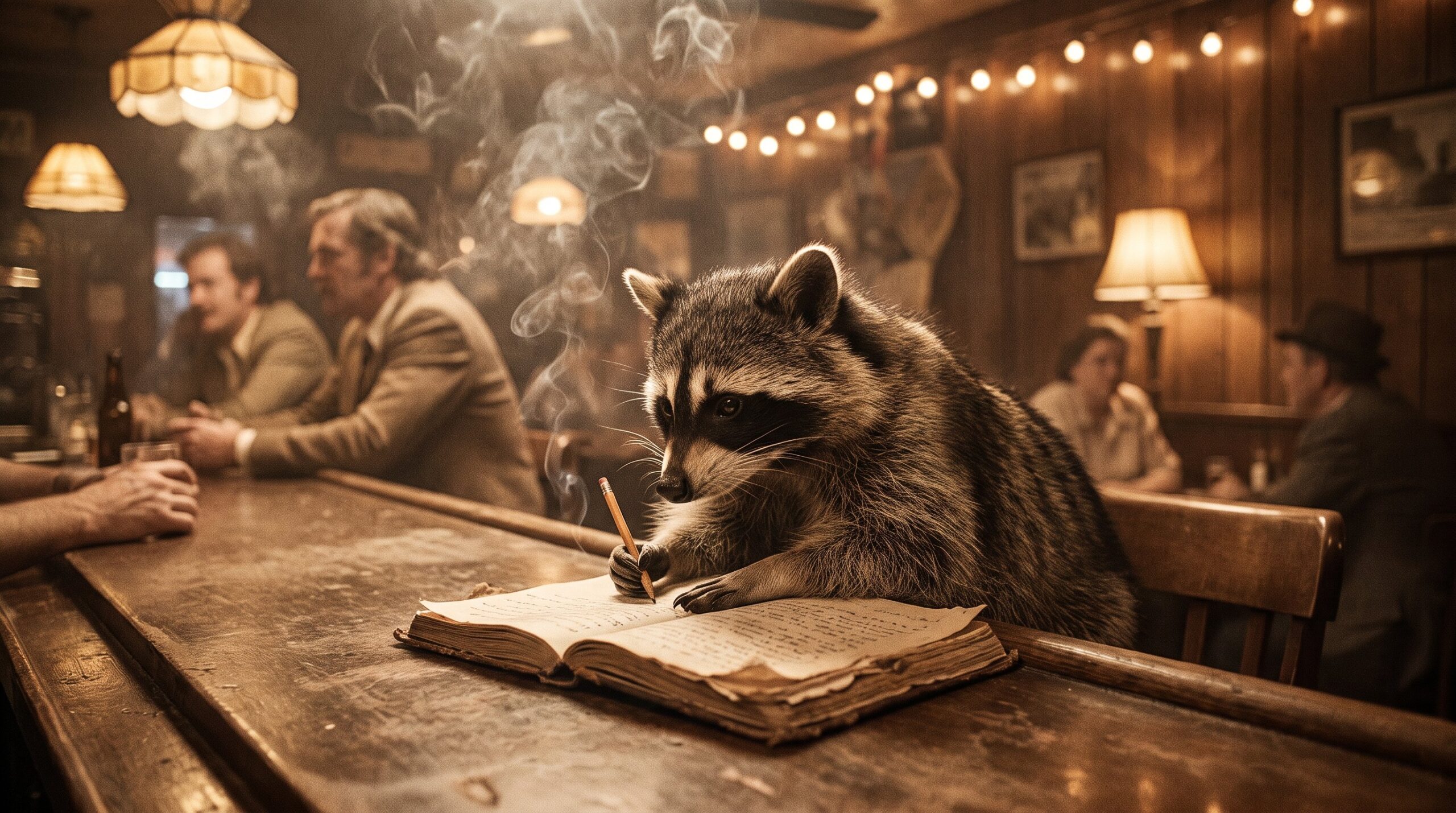 Waschbär liest aus einem abgegriffenen Notizbuch an einer Bar