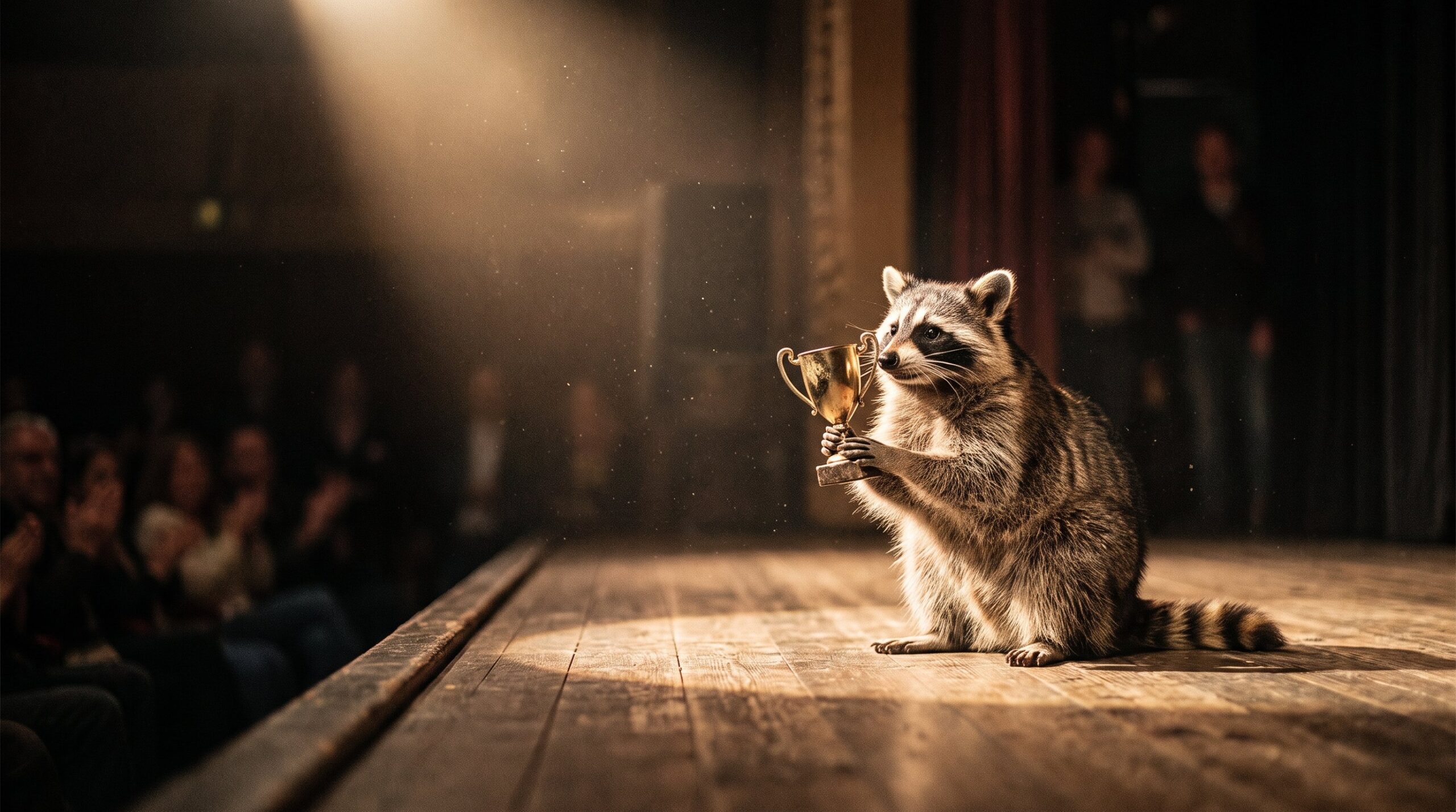 Waschbär hält auf großer Bühne eine kleine Trophäe hoch