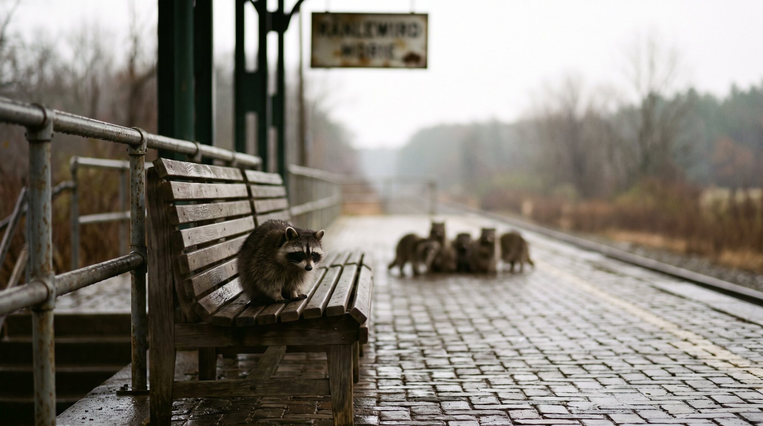 Einzelner Waschbär sitzt allein auf einer Bank, eine Gruppe steht abgewandt weiter weg