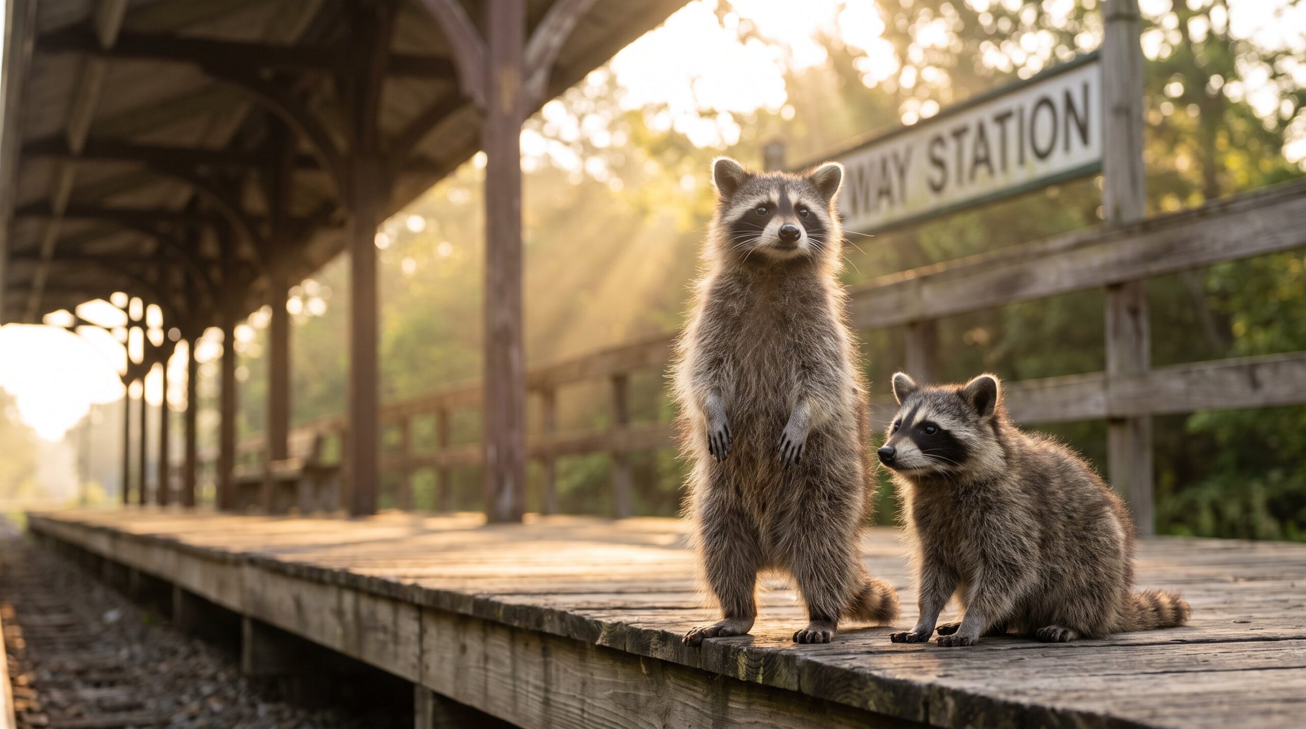 Junger Waschbär steht aufrechter, ein anderer steht unterstützend daneben