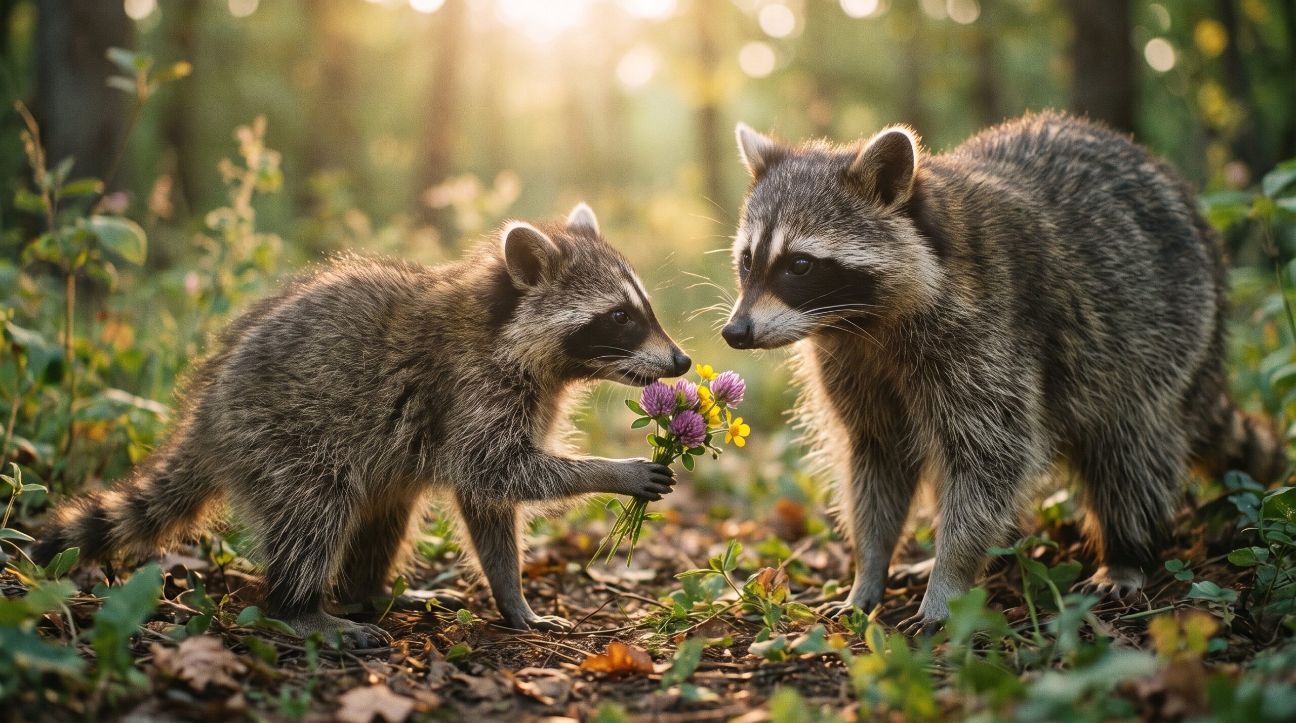 Waschbär schenkt einer Mutter-Waschbärin einen kleinen Blumenstrauß